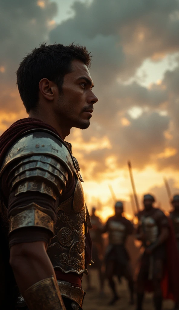 Cinematic still An epic scene of the final battle, with Crixus (Manu Bennett) in a combat stance, looking towards the horizon. The sky should be filled with dark clouds, symbolizing the approaching storm. Crixus's expression should reflect bravery and determination, with his armor shining under the light of a nearby campfire. In the background, Roman soldiers (like Russell Crowe and Gerard Butler) should be in formation, ready for battle, with spears and swords raised.
**Quality:** 8k, ultra realistic, UHD, HDR, ultra detailed, masterpiece, perfect details, macro photography, 3D render.Alta resolução, 