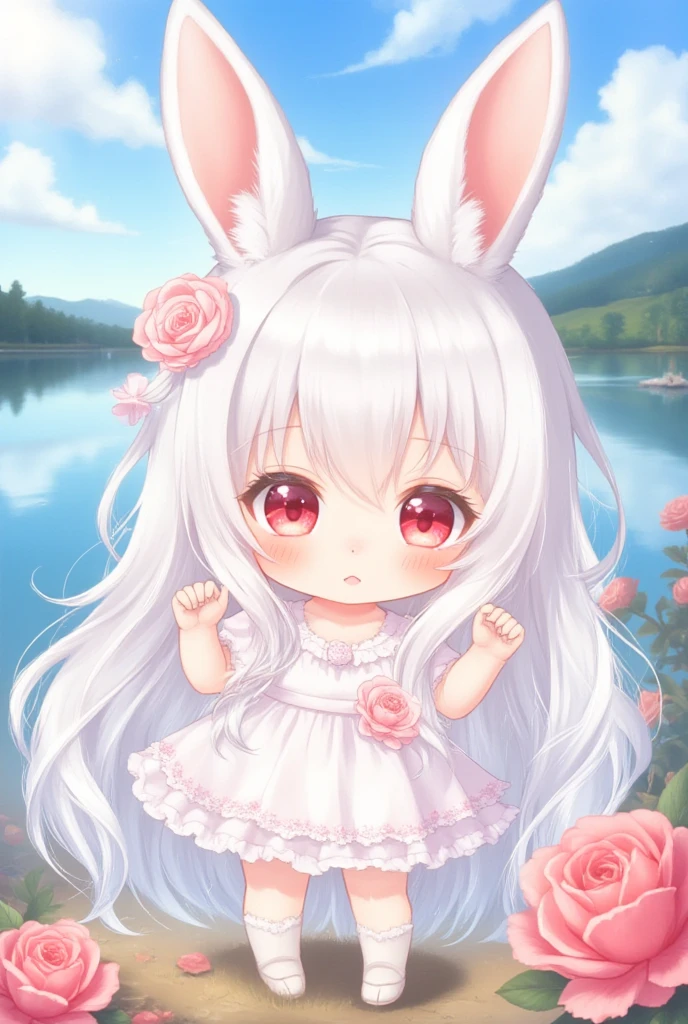 score_9, score_8_up, score_7_up, score_6_up, score_5_up, score_4_up, source_anime,source_furry,rating_safe,rating_questionable,masterpiece, best quality, perfect anatomy , very aesthetic , absurdres,,solo,1girl\((chibi:1.5),cute,kawaii,small ,(white hair:1.4),(very long hair:1.6),bangs,(ear\(fluffy,white,rabbit-ear\):1.4),red eye,big eye,beautiful shiny eye,skin color white,big hairbow,(white frilled dress:1.3),breast,cute pose\),background\(some roses,by the beautiful lake,beautiful sunny day\),,close-up girl,dynamic angle,3d