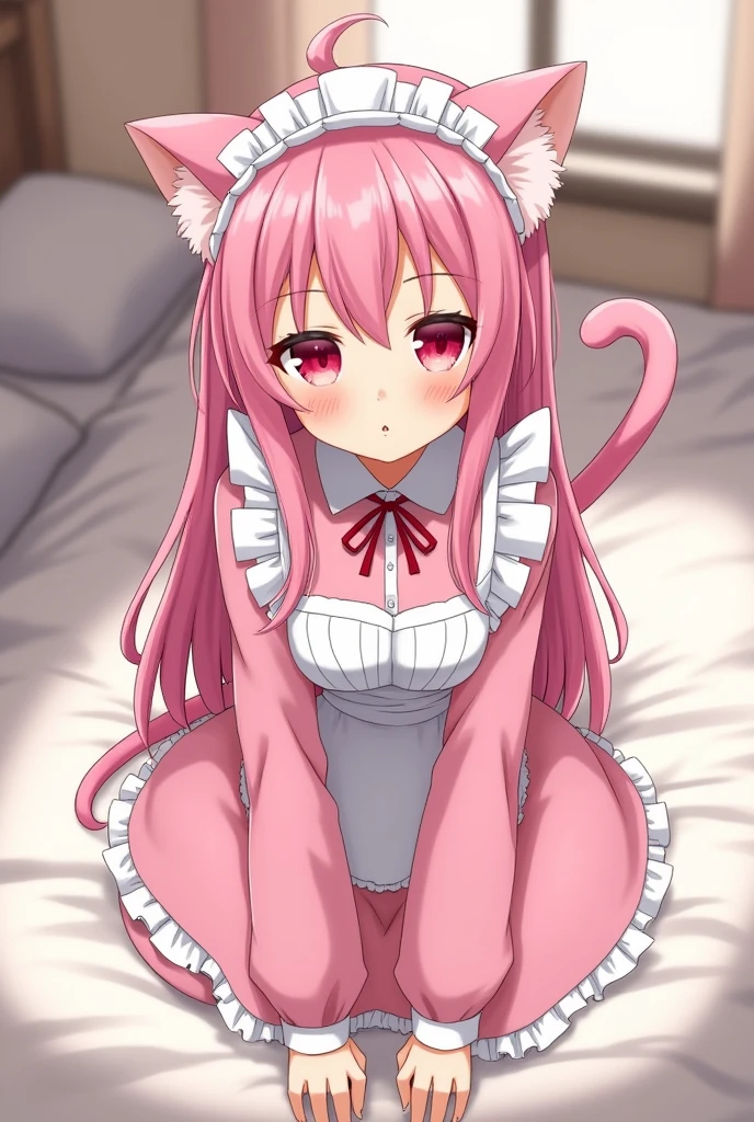 a young girl dressed as a pink kitten, with a soft fur outfit, cat ears, and a tail, holding a toy mouse, sitting in a cozy living room, upper-body portrait ensuring her head is within the frame, cinematic composition