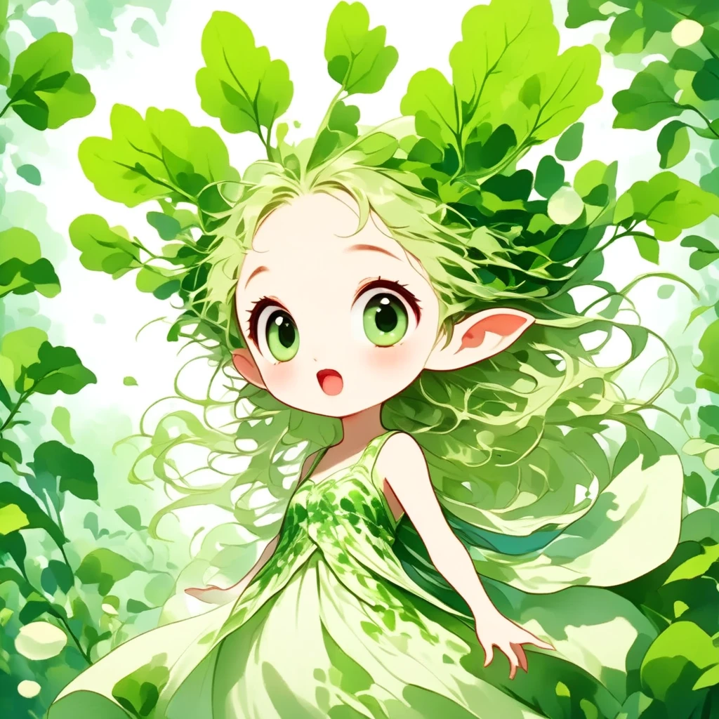 (masterpiece, best quality:1.2), Chibi cute, 1 daikon lady, elven lady, solo, face shot, close-up of face, Looking up at the sky, surprised expression with wide open mouth, Green big eyes, Green leaves long hair, bangs, pointy ears, pure white skin, wearing green camisole one-piece long dress over white short sleeve T-shirt