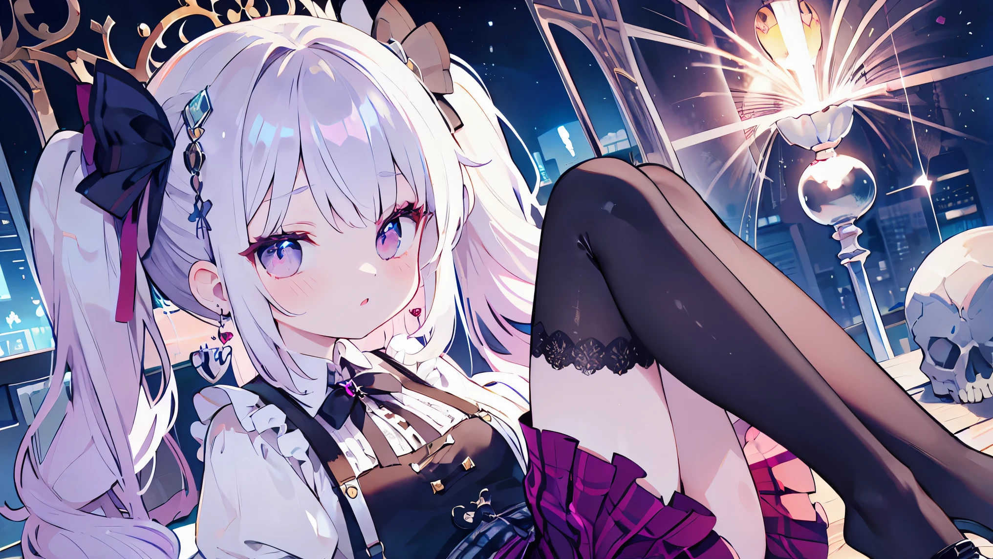(8K、best image quality、highest quality、masterpiece)、detailed face、1 girl、shiny silver hair、short hair、dull bangs,、twin tails、wavy hair、pink eyes、earrings、grin、Moderate chest、pink frilly clothes、off shoulder、black ribbon、black pleated skirt、mini skirt、white socks、leather shoes、thick bottom、squat、put your hand on your face、((Ice blue detailed panties))、shot from below、night downtown background、beautiful curves、Detailed lace lingerie、lewd