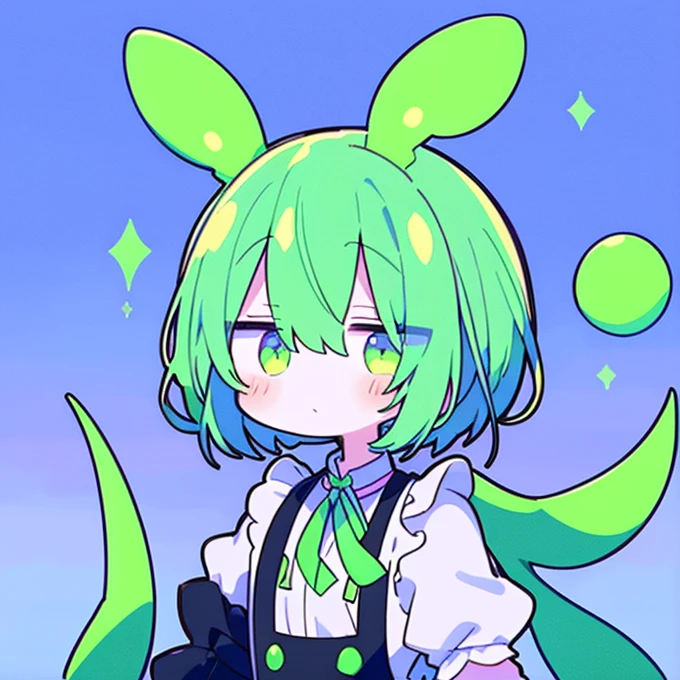 ((Terada Terakaze ))   1 boy　 handsome　piece　 Katyusha　 maid outfit 　 shorthair　High image quality　  Sharp Eye　 absurd　   sky blue　  handsome グリーンヘア　 big green tuft 　like ears 　  black and green fluorescent headphones on the neck 　Heartwarming　