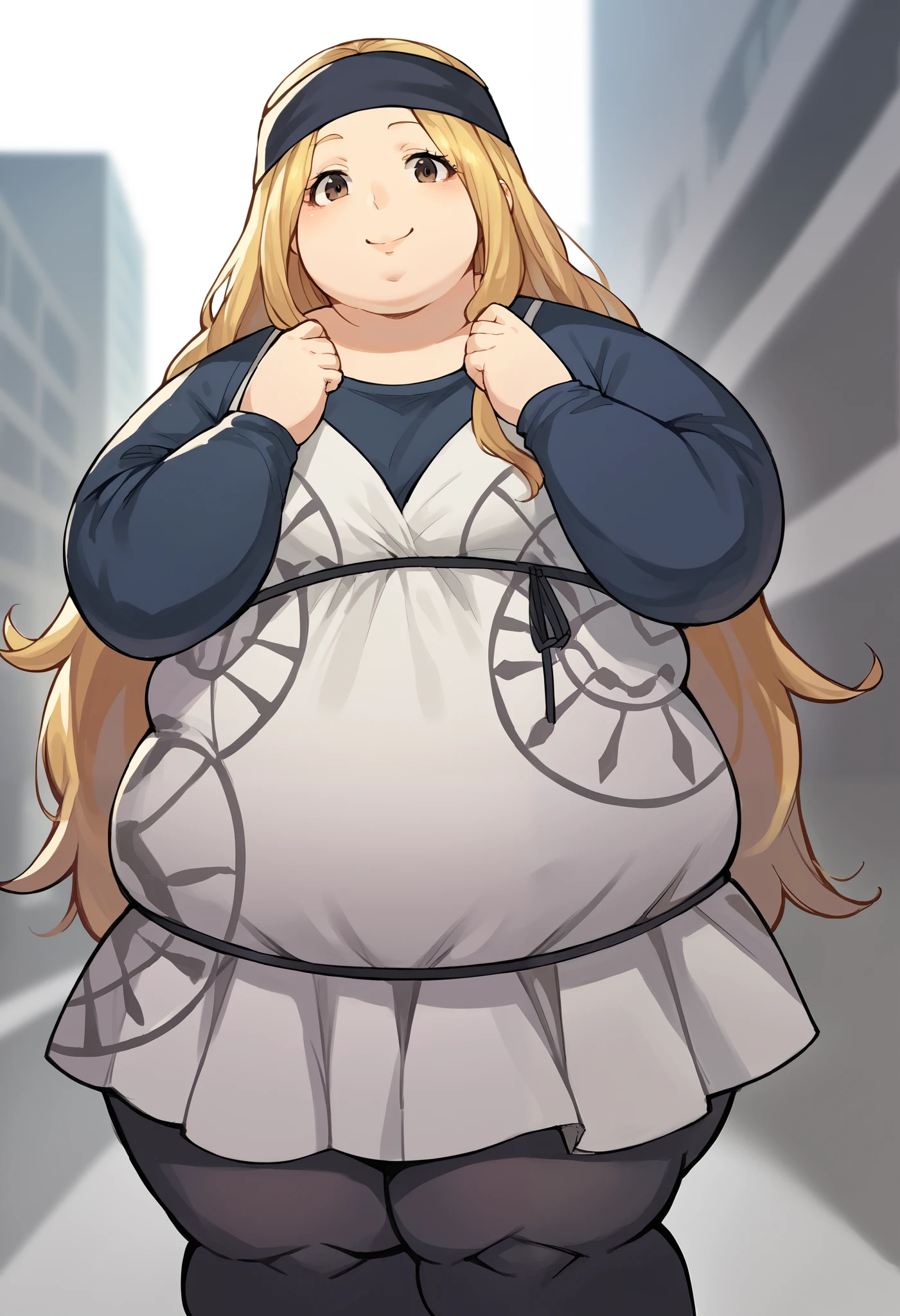 score_9, score_8_up, score_7_up, source_anime BREAK 1girl, solo,   chihayap5, very long hair, blonde hair, headband, shirt, dress, black pantyhose, looking at viewer, smile, standing, city, shinjuku, fat, chubby, obese