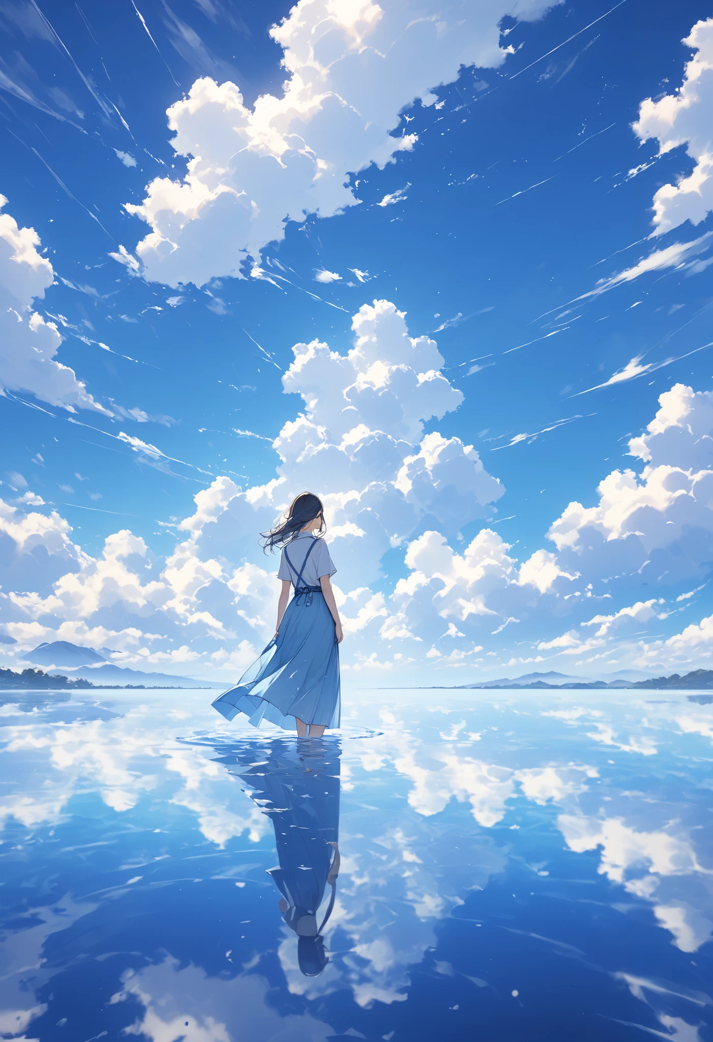 horizon, standing on liquid、Quiet Lake、The endless surface of the water 、 nature and sky reflect on the surface of the water 、 fantastic blue sky and clouds 、 A work with an overall blue image、Very beautiful、fantasy landscape、 the back of a girl standing in the middle 