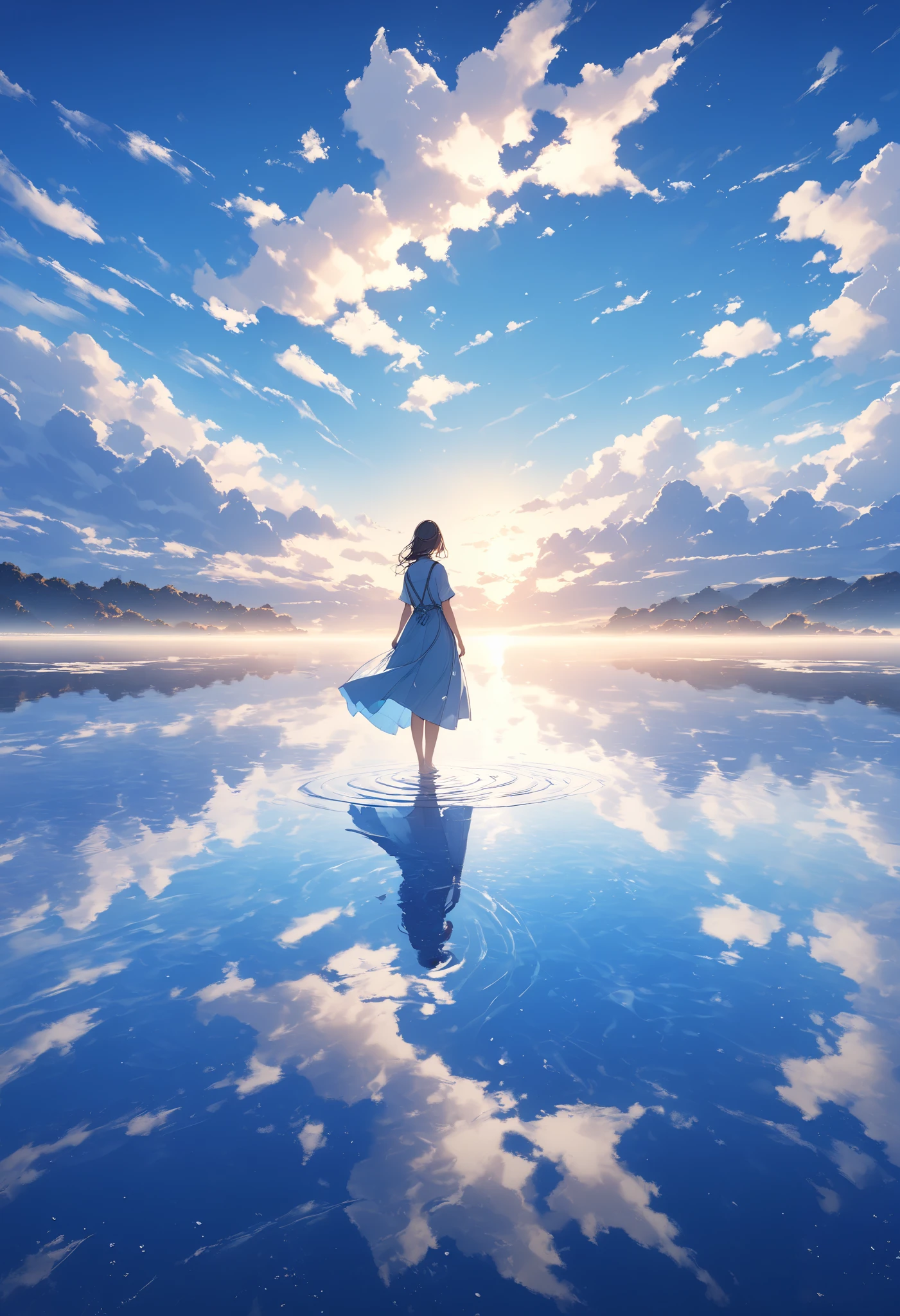 horizon, standing on liquid、Quiet Lake、The endless surface of the water 、 nature and sky reflect on the surface of the water 、 fantastic blue sky and clouds 、 A work with an overall blue image、Very beautiful、fantasy landscape、 the back of a girl standing in the middle 