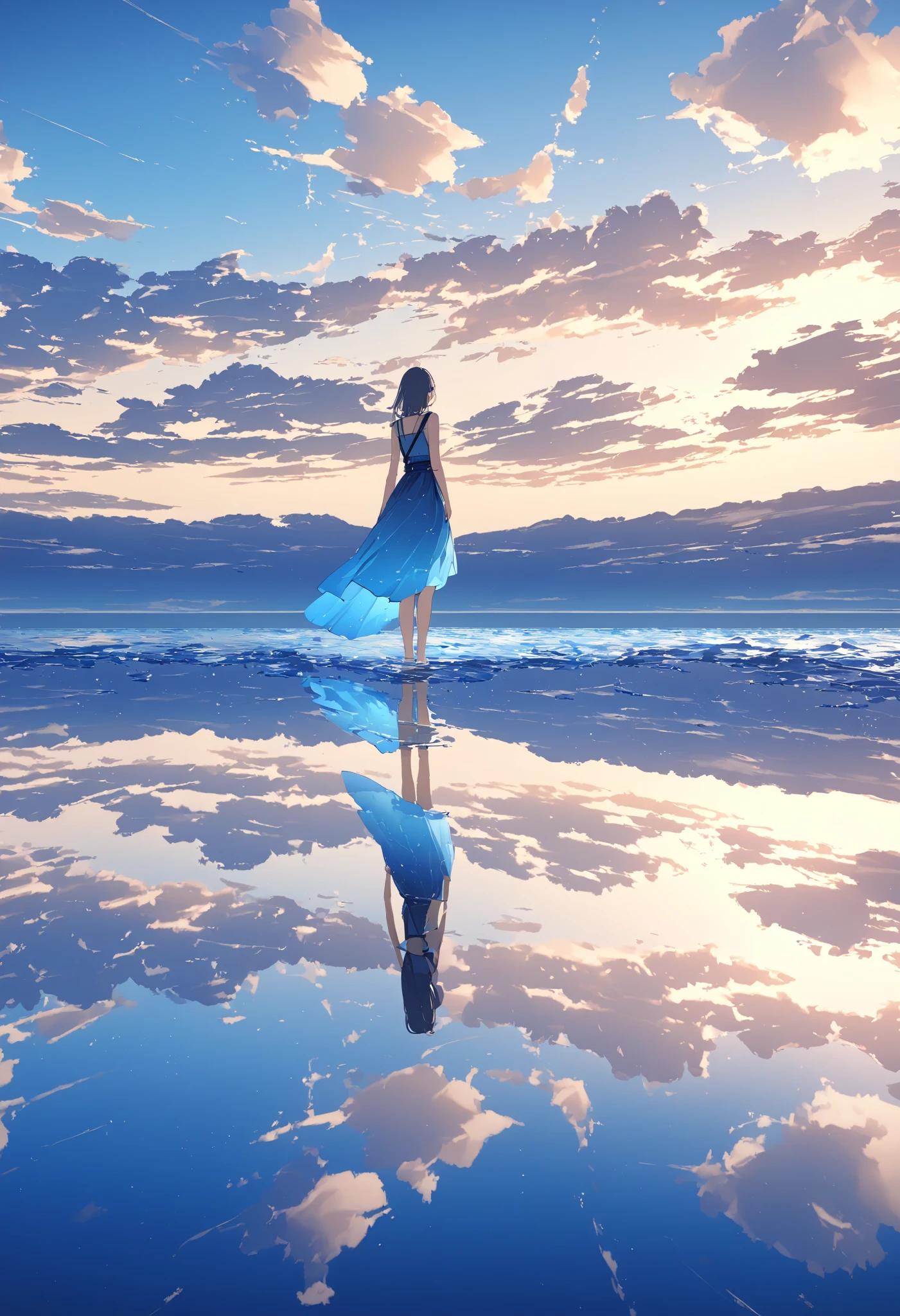 horizon, standing on liquid、Quiet Lake、The endless surface of the water 、 nature and sky reflect on the surface of the water 、 fantastic blue sky and clouds 、 A work with an overall blue image、Very beautiful、fantasy landscape、 the back of a girl standing in the middle 