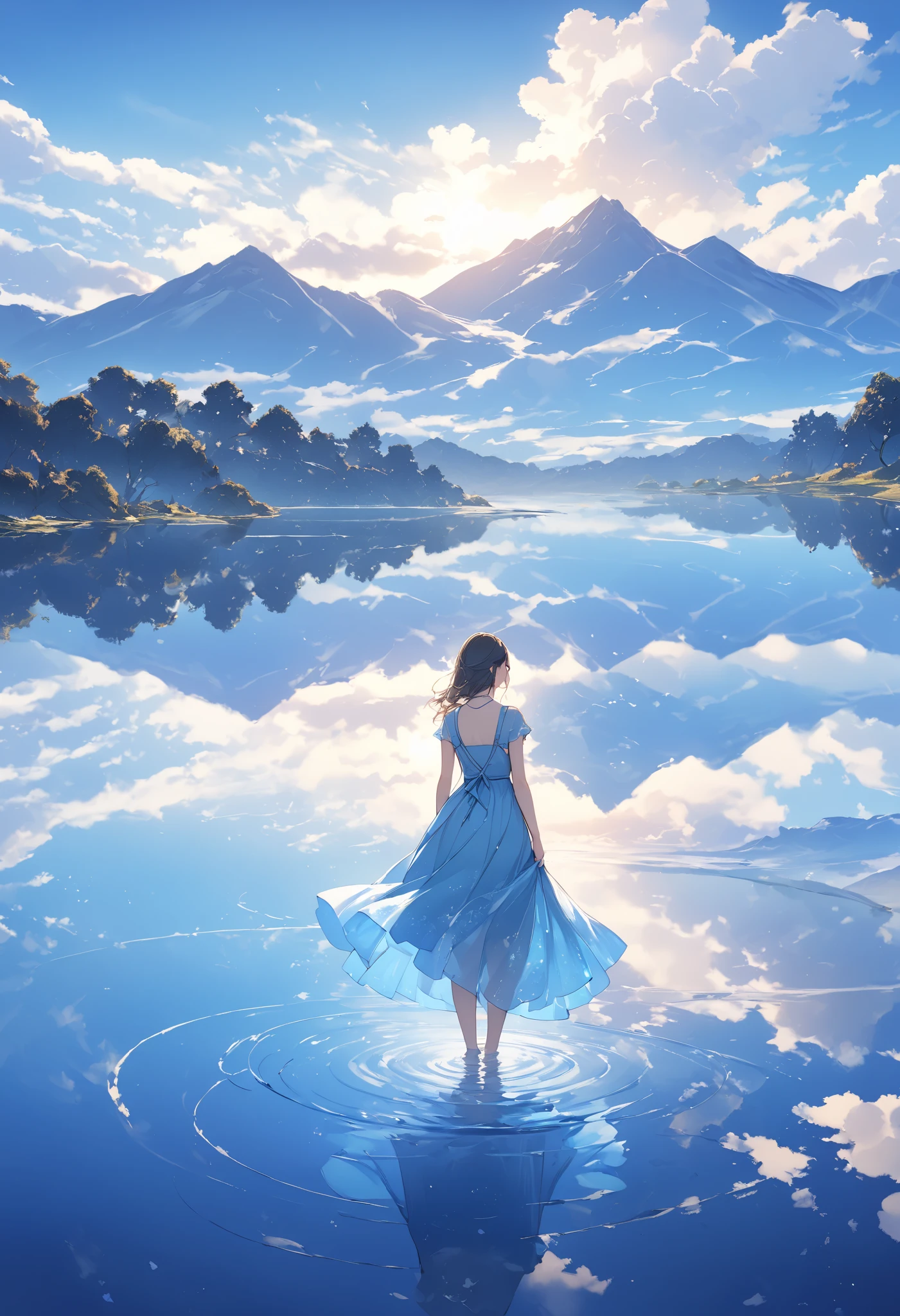 Quiet Lake、The endless surface of the water 、 nature and sky reflect on the surface of the water 、 fantastic blue sky and clouds 、 A work with an overall blue image、Very beautiful、fantasy landscape、 the back of a girl standing in the middle 、 Clear Blue Beautiful Dress