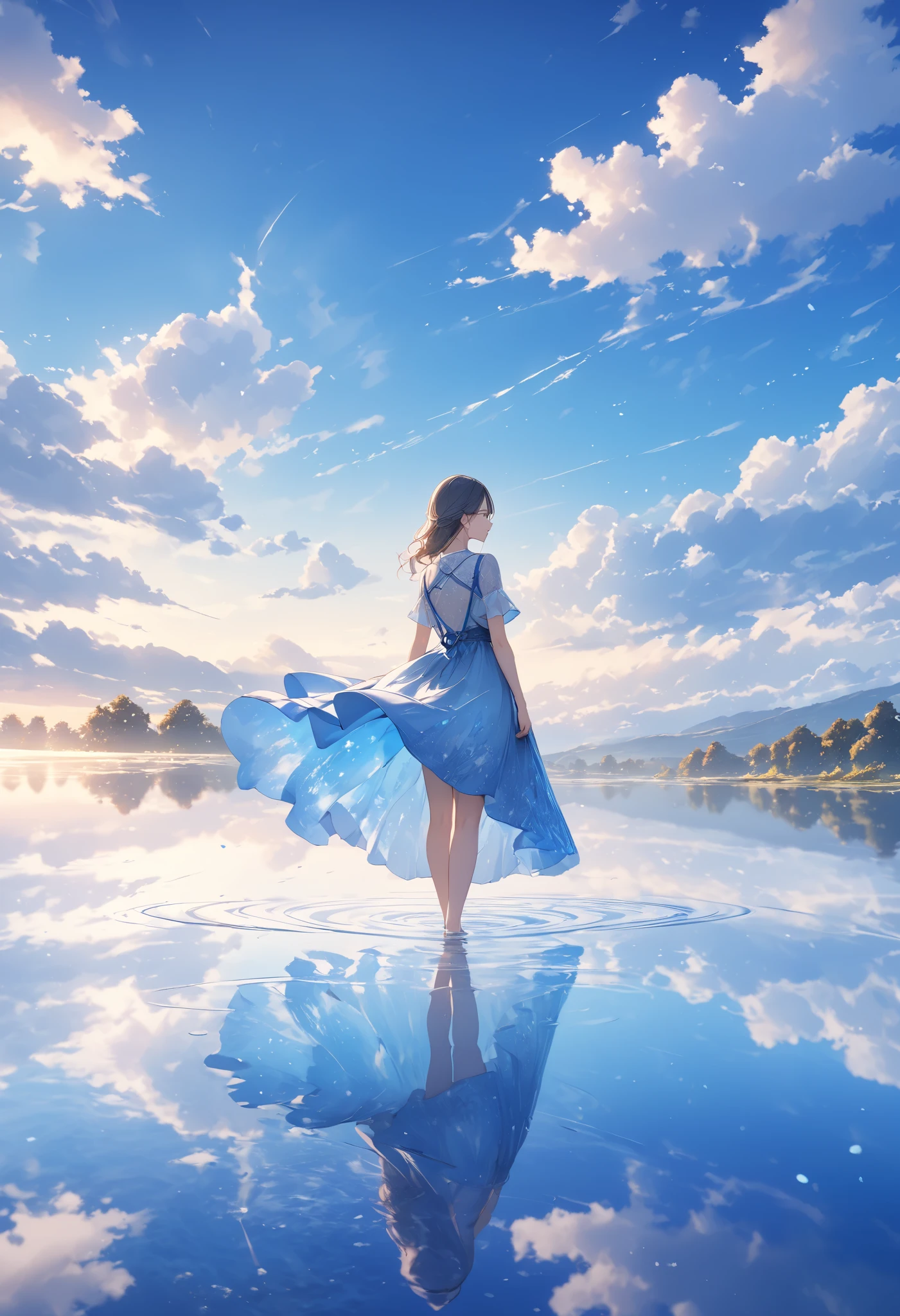 Detailed Girl Description 、Quiet Lake、The endless surface of the water 、 nature and sky reflect on the surface of the water 、 fantastic blue sky and clouds 、 A work with an overall blue image、Very beautiful、fantasy landscape、 the back of a girl standing in the middle 、 Clear Blue Beautiful Dress