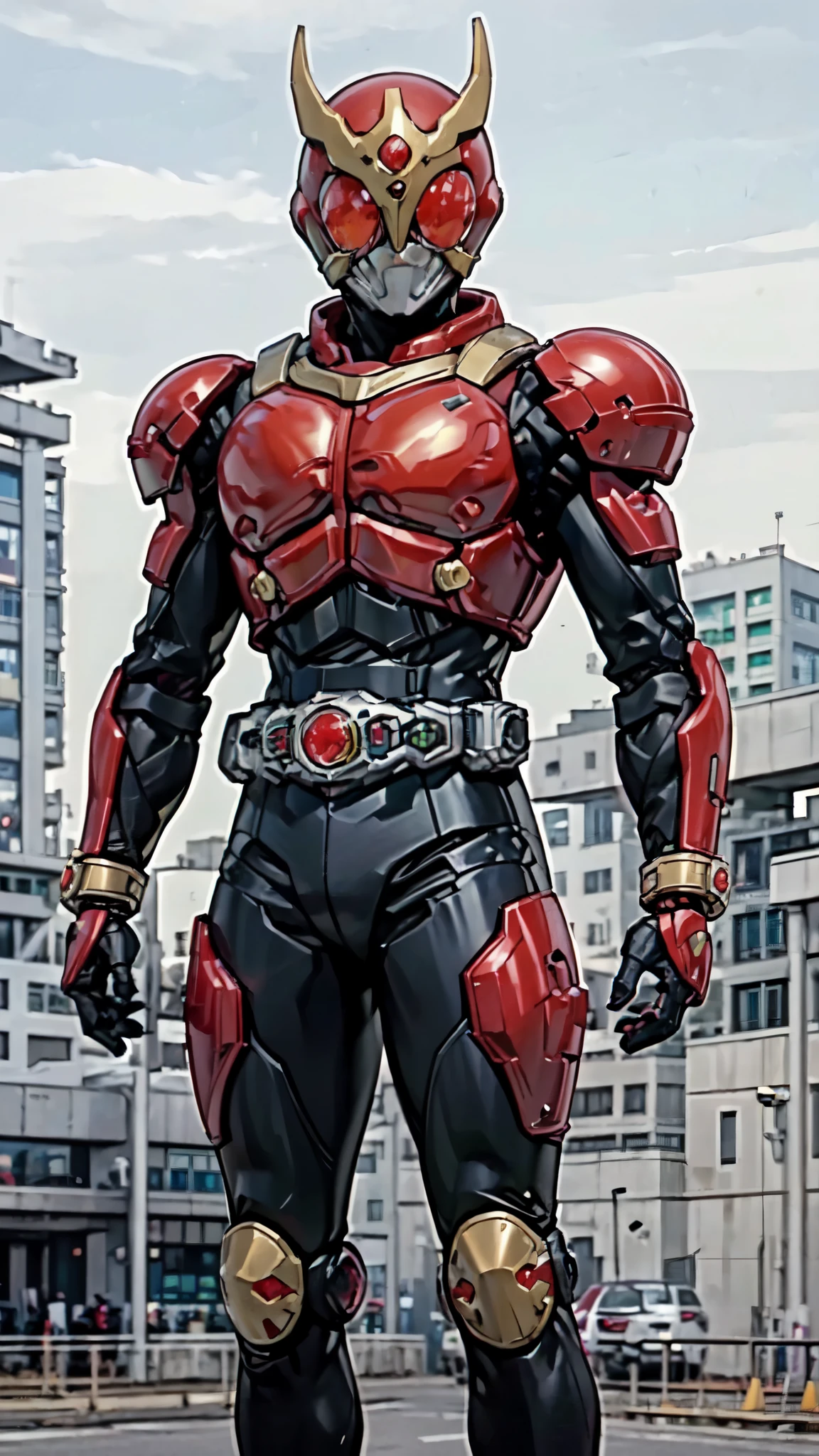 (masterpiece:1.5, best quality:1.5, extremely delicate:1.5), ((male:1.5)), a man wearing a full-face helmet, high-tech biomimetic armored combat suit, (a composite layered chest armor), the design balances heavy with agility, fully enclosed shoulder guards, matching arm and leg guards, a belt of gemstone, (the color scheme is primarily Red with Green and Yellow accents, Organic Biotech, Concept Inspired by Kamen Rider, glowing eyes, armor glows), stand of a futuristic sci-fi city, this character embodies a finely crafted fantasy-style armored hero in anime style, exquisite and mature art style, metallic, high definition, highres, ultra-detailed, ultra-fine painting, professional, perfect body proportions, golden ratio, anatomically correct, symmetrical face, extremely detailed eyes and face, high quality eyes, creativity, RAW photo, UHD, 32k, Natural light, cinematic lighting, (masterpiece-anatomy-perfect:1.2)