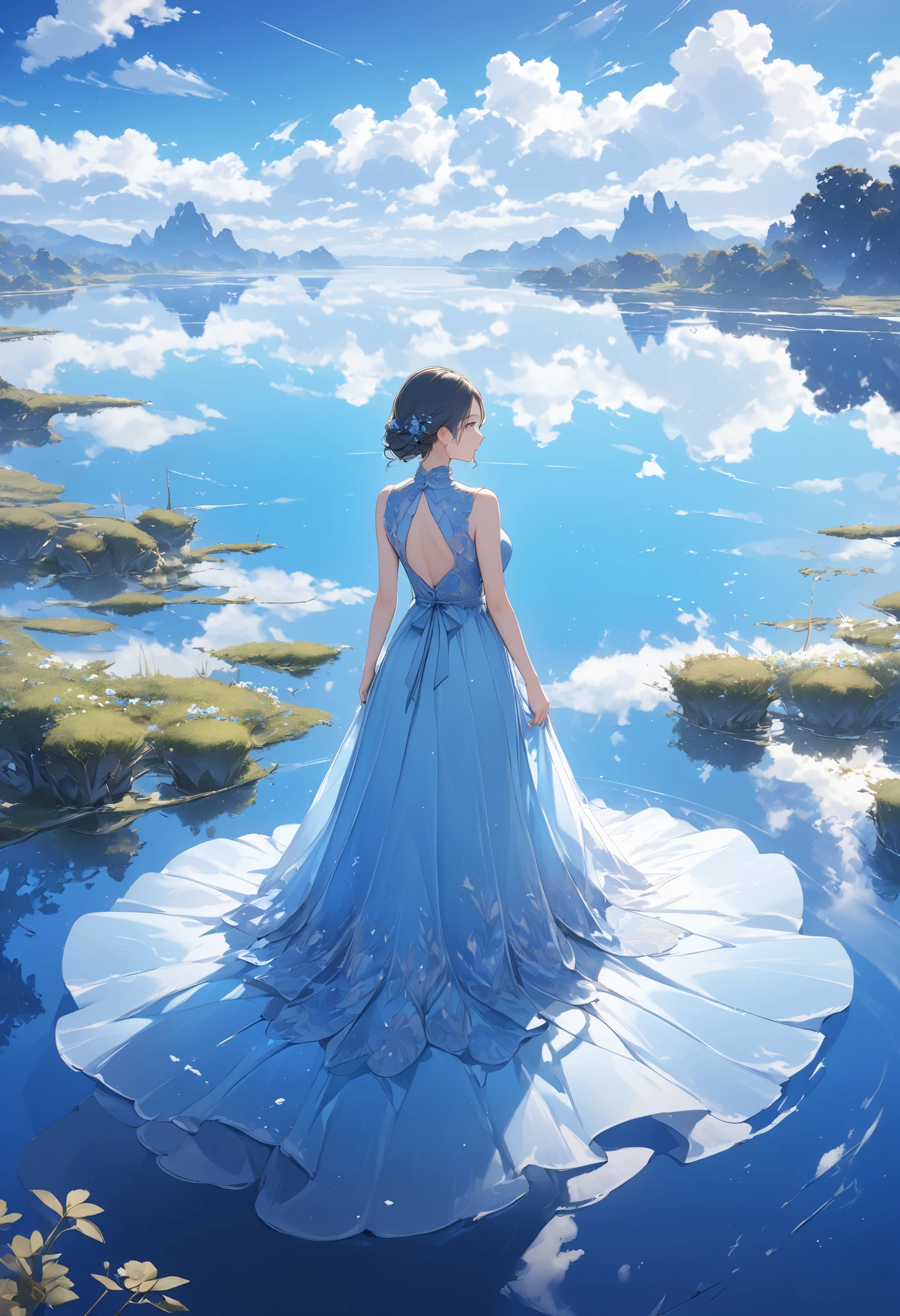 Detailed Girl Description 、Quiet Lake、The endless surface of the water 、 nature and sky reflect on the surface of the water 、 fantastic blue sky and clouds 、 A work with an overall blue image、Very beautiful、fantasy landscape、 the back of a girl standing in the middle 、 Clear Blue Beautiful Dress