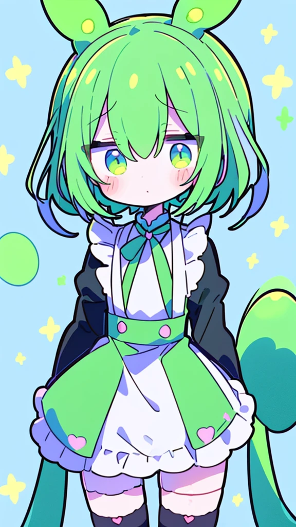 ((Terada Terakaze ))   1 boy　 handsome　piece　 Katyusha　 maid outfit 　 shorthair　High image quality　  Sharp Eye　 absurd　   sky blue　  handsome グリーンヘア　 big green tuft 　It has standing ears like a rabbit　  black and green fluorescent headphones on the neck 　Heartwarming　