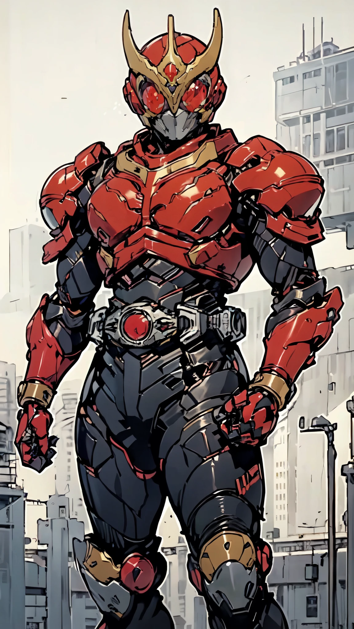 (masterpiece:1.5, best quality:1.5, extremely delicate:1.5), ((male:1.5)), a man wearing a full-face helmet, high-tech biomimetic armored combat suit, (a composite layered chest armor), the design balances heavy with agility, fully enclosed shoulder guards, matching arm and leg guards, a belt of gemstone, (the color scheme is primarily Red with Green and Yellow accents, Organic Biotech, Concept Inspired by Demon Skeleton, glowing eyes, armor glows), stand of a futuristic sci-fi city, this character embodies a finely crafted fantasy-style armored hero in anime style, exquisite and mature art style, metallic, high definition, highres, ultra-detailed, ultra-fine painting, professional, perfect body proportions, golden ratio, anatomically correct, symmetrical face, extremely detailed eyes and face, high quality eyes, creativity, RAW photo, UHD, 32k, Natural light, cinematic lighting, (masterpiece-anatomy-perfect:1.2)