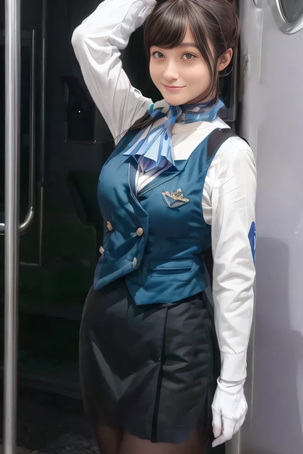 (  Masterpiece :1.2,  best quality:1.2), 32kHDR,  kampala, (Alone、  1 girl)、（what 、  professional lighting ）、In-flight background、（Nankai Train crew uniformを着たリアルなスタイル）、（（Nankai Train crew uniformのグリーンのベスト））、（（ Nankai Train Crew Uniform Collarless White Long Sleeve Blouse）） 、（（Nankai Train Crew Uniform Culotte Skirt  、Scarf around the neck））、  lots of dark brown hair 、（  long hair、Hair tied up、Hair tied up）、  lots of dark brown hair 、 Long Hit 、Big Breasts、Thin legs、（（ amazing hands：2.0）），（（ Harmonious physique  ：1.5）），（（Normal limbs：2.0）），（（Usually ：2.0）），（（  delicate eyes ：2.0）），（（Normal eyes：2.0））)、smile、（Nankai Train crew uniformを着た美しい姿）、Hands crossed underneath 
