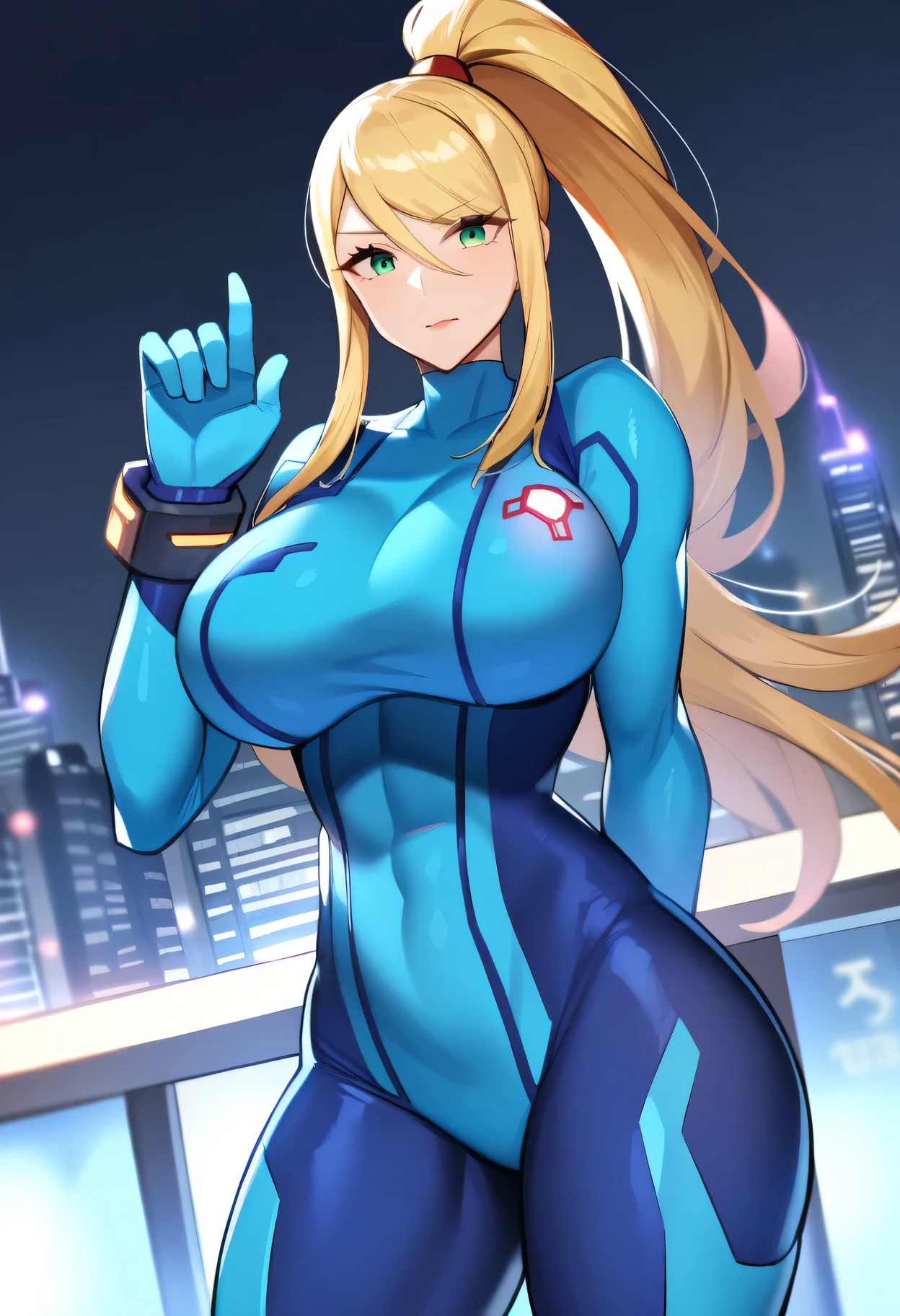 score 9 、score 8 up、score 7 up、1girl、 Samus Alan、Alone、Blonde、ponytail hair、Green Eyes、We def、 Bodysuit 、blue clothes、Big Breasts、Muscular and strong、 very large breasts、blue pantyhose、Zero Suit、blue gloves、  standing、 looking at you 、 muscular woman 、 cowboy shot、Night City、science fiction、 ultra detail、 sharp concentration、Midea、( best quality)、