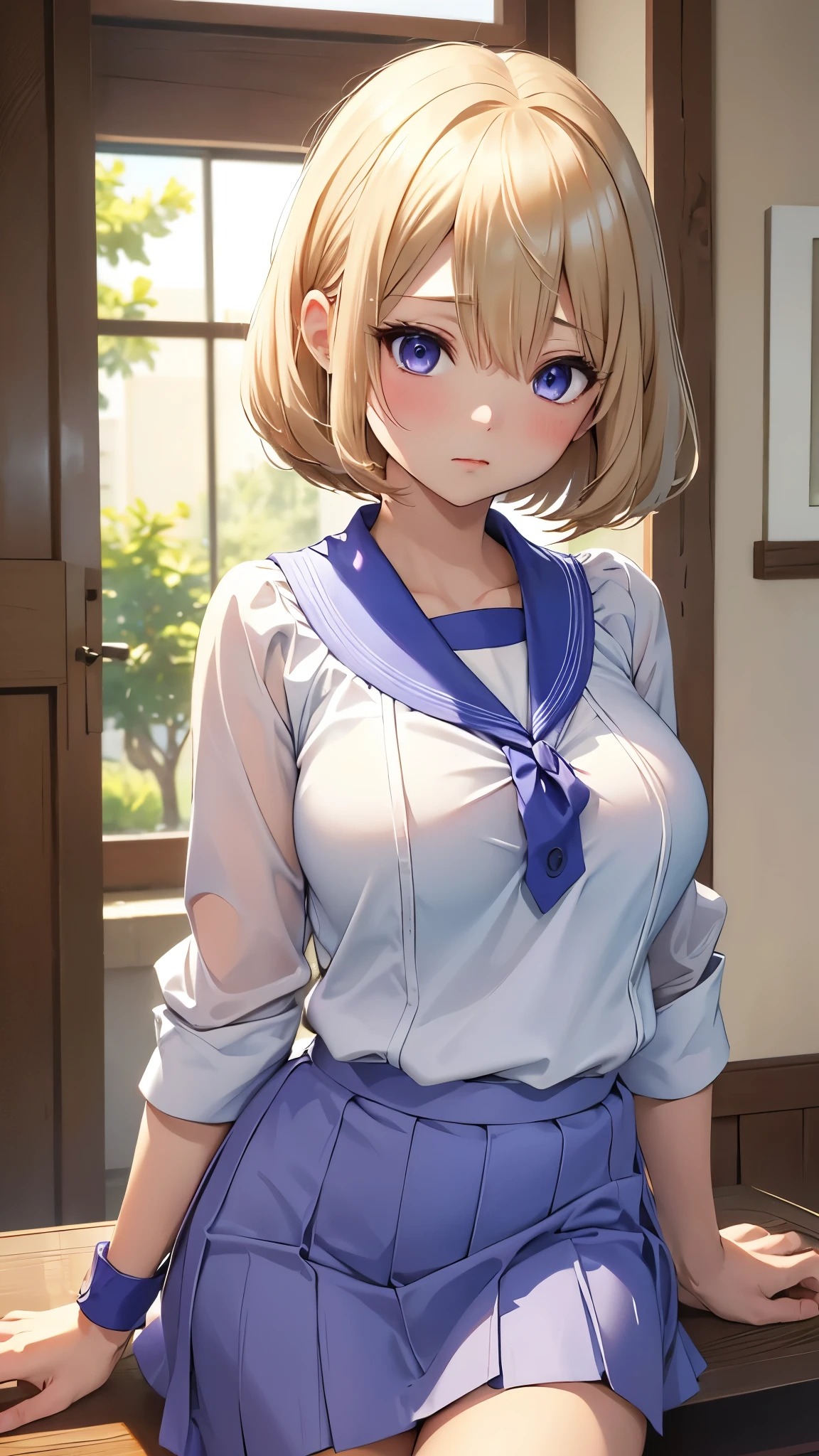 Umino Sachi 、  Masterpiece ,  best quality、  best quality,(8k resolution),Beauty、( looks like an adult), （  Sexy Perfect Style  ）、( Big Breasts )、 blonde bob cut、(White and blue sailor suit)、(  blue skirt)、(( Get closer to my chest ))、  purple eyes