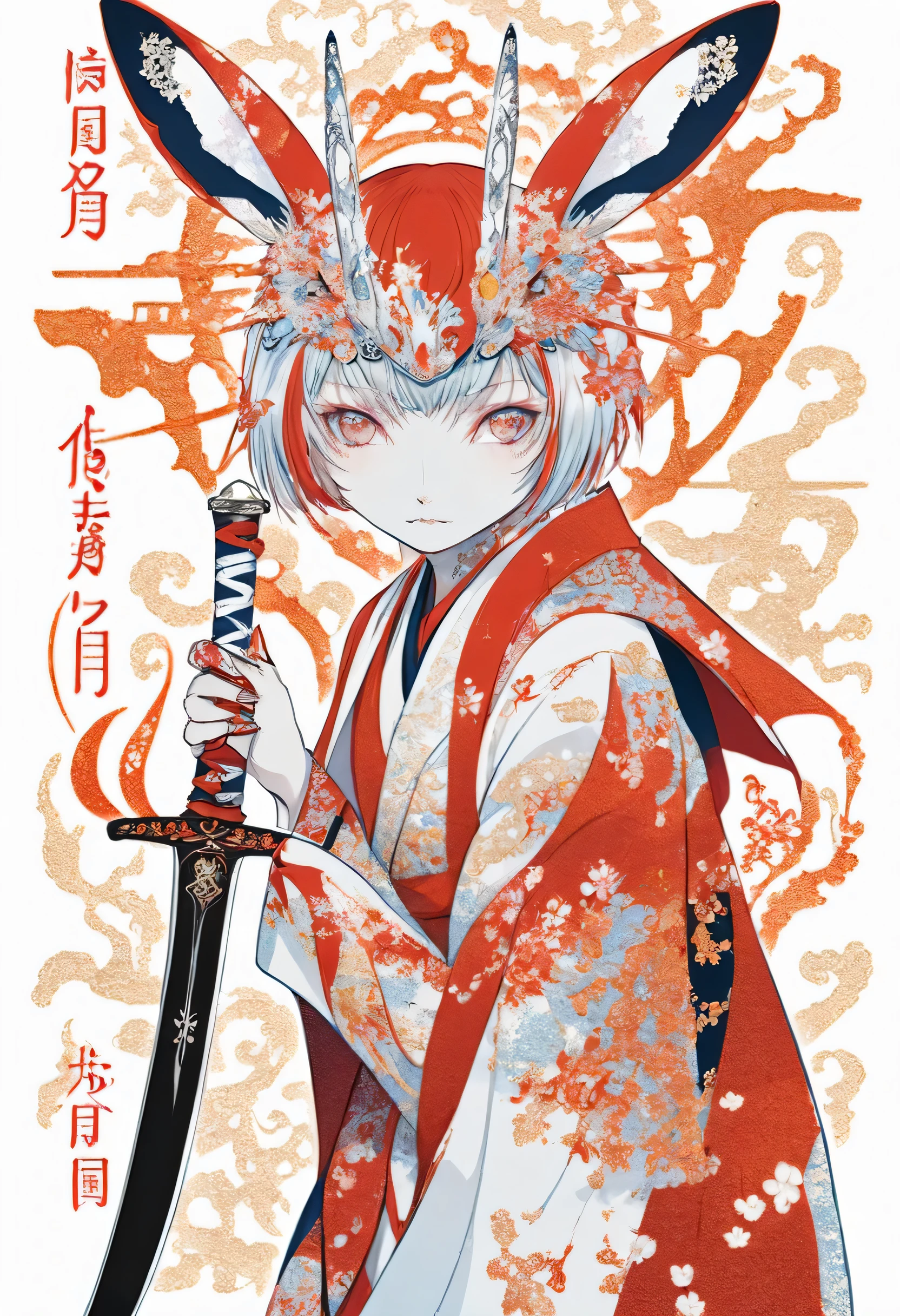  Nova Chroma Style Glitter,Split Composition ,  rabbit swordsman dancing sword dance、sword dance 、Rabbit Face、 Japanese Knife 、 pose with movement、Realistic、 illustrator、 Red and Orange Style 、 white background 、 anatomically accurate 、Accurate depiction of Japanese Knife 、