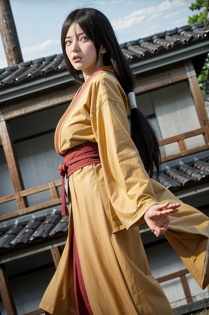 hyuuga hanabi 1girl, solo, big breast, large breast, orange kimono, red hakama skirt, obi, wide sleeves, looking at viewer, closed mouth, wind, low tied long hair, byakugan eyes, yellow belt robe