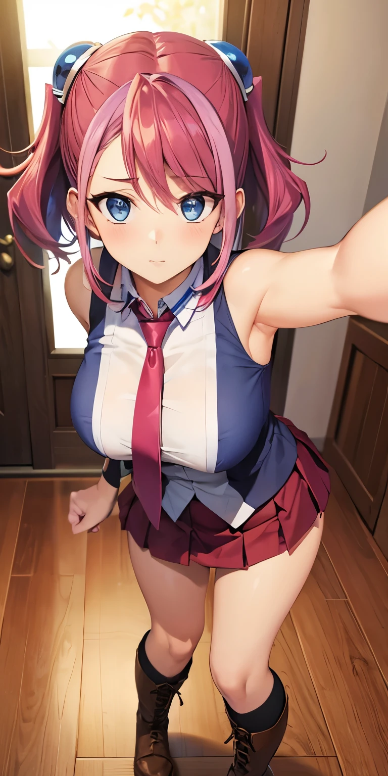 1 Female,High definition,high resolution,Ultra-realistic,8K, hy1, hair ornament, multicolored hair, blue eyes, necktie, skirt, tight skirt,miniskirt,sleeveless ,brown boots,large breasts,European,sexy,Upper body close-up,Photographed from the front,Dynamic Angles,private teacher,A little sheer underwear,blue underwear,blush, medium tits ,(show panties ),(selfie),(top view),(full body), Multicolored hair 