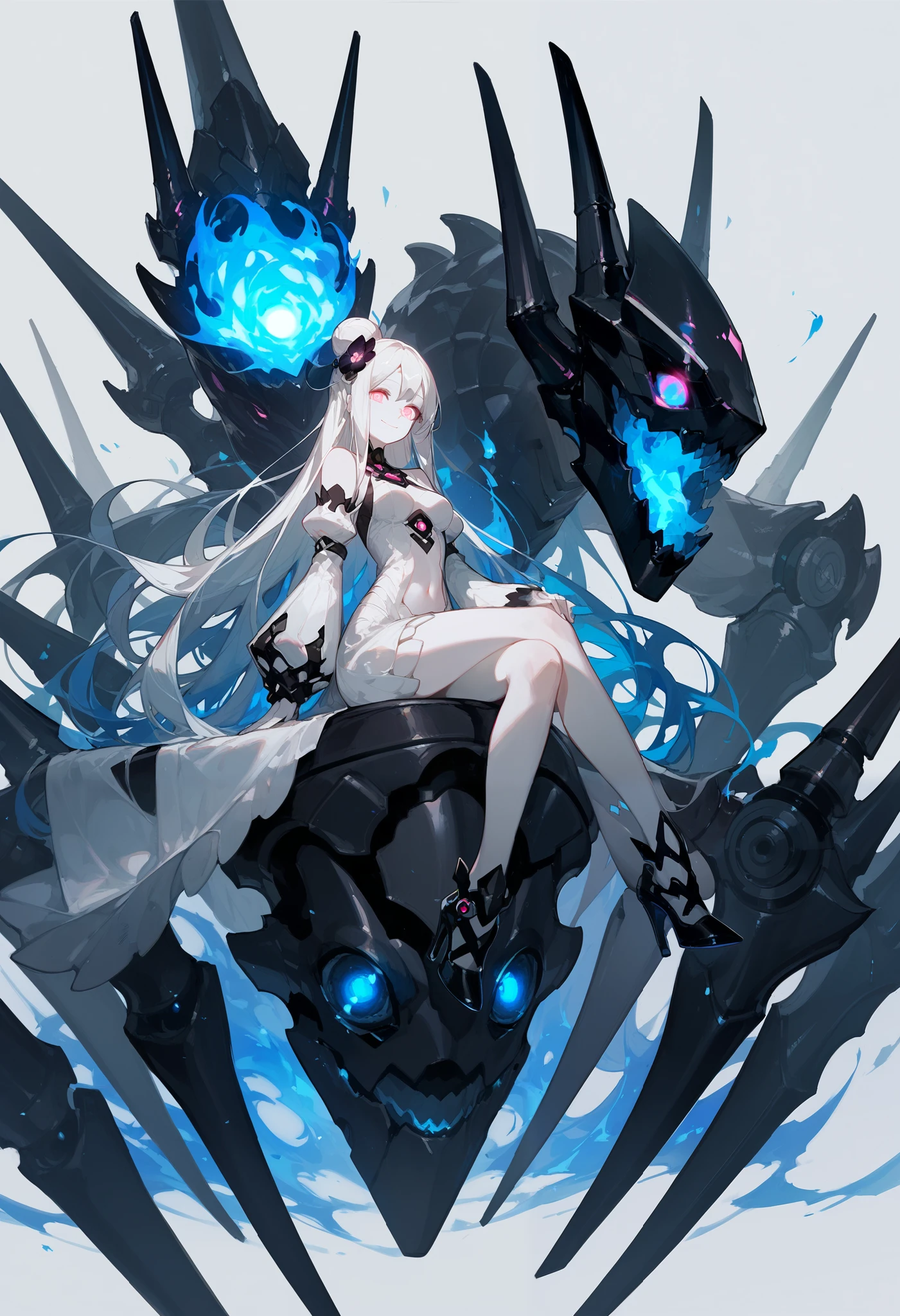 1girl, solo, white hair, abyssal ship, long hair, high heels, flower, breasts, navel, glowing, blue fire, detached sleeves, abyssal ship, hair ornament, pink eyes, pale skin, hair bun, glowing eye, dress, white dress, smile, white skin,  EmpressIII, sitting,