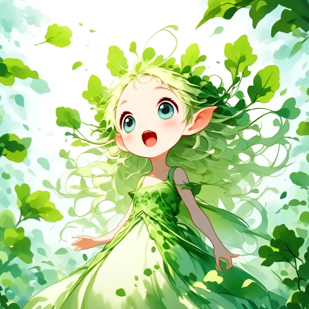 (masterpiece, best quality:1.2), Chibi cute, 1 daikon lady, elven lady, solo, face shot, Looking up at the sky, surprised expression with wide open mouth, Green big eyes, Green leaves long hair, bangs, pointy ears, pure white skin, wearing green camisole one-piece long dress over white short sleeve T-shirt, blue sky, close-up of face from below