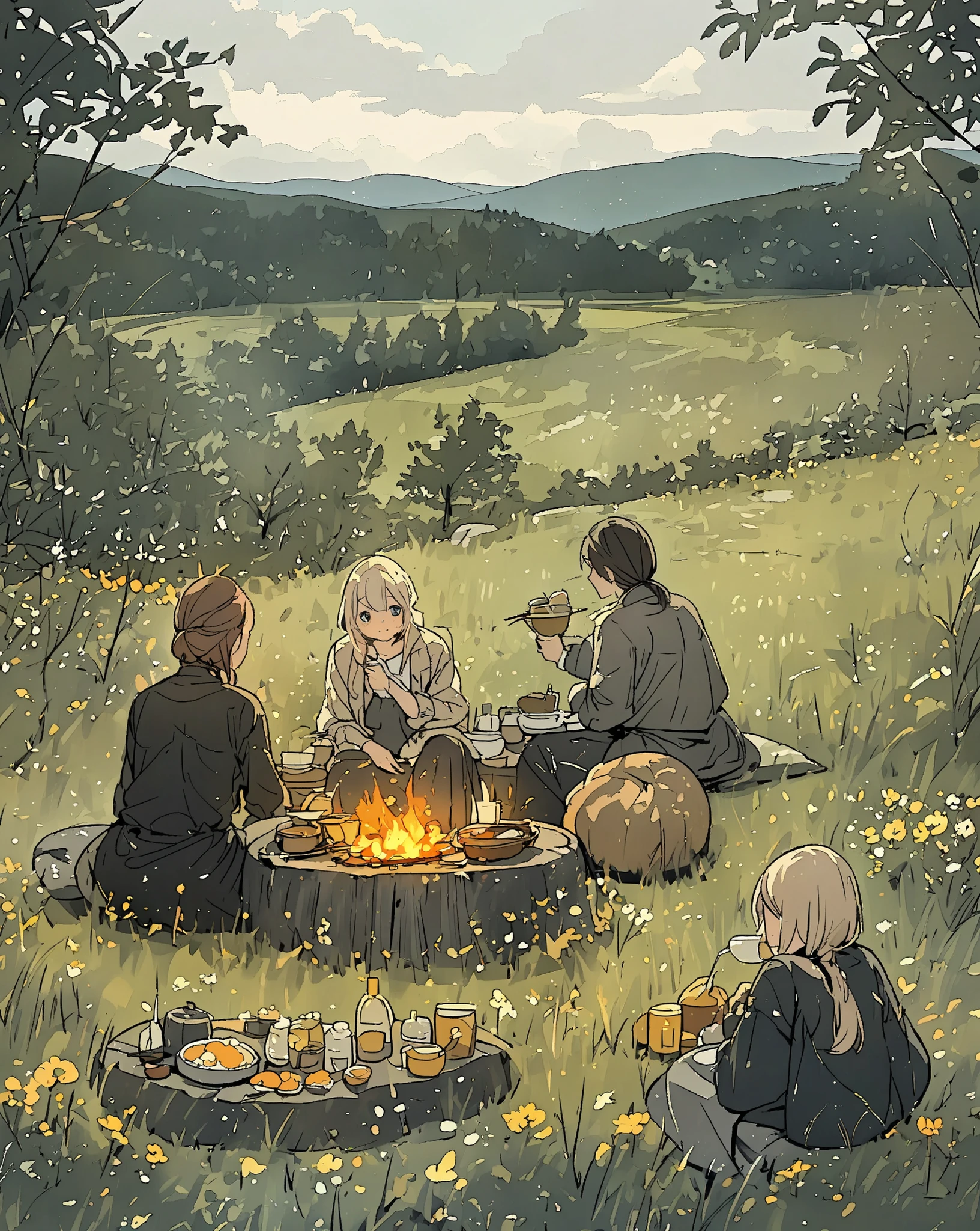  relaxing at the campsite , a woman in a riders jacket making travel plans ,landscape, Jackknife, Hors d&#39;oeuvres, look so good,  a group surrounding a bonfire at the same time ,  rural scenery like the work of Andre Gide ,  a woman eating yogurt ,  with beautiful round eyes ,Cool person, Tsukkaebō ,  A tasteful picture ,  haze and silence flickering on the lakeside 