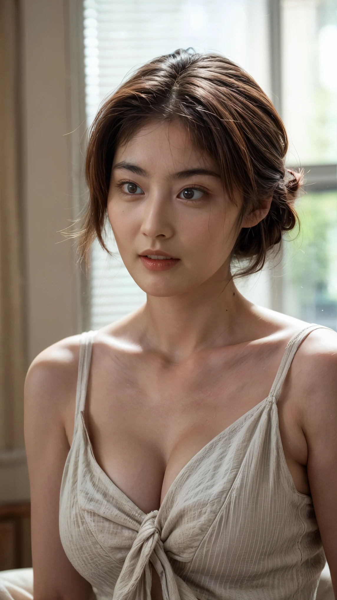 The high resolution photograph of a 52-year-old Japanese mature actress, (realistic, photo realistic:1.37), 
16K, RAW photo, amazing quality, highest quality, extremely detailed, intricate details, sharp details, sharp focus, professional lighting, realistic lighting, delicate light and shadow, soft light reflection, facial light, bright light, ray tracing, portrait, solo, 1girl, pale skin, fine-textured skins, natural make-up, detailed face, detailed eyes, beautiful eyes, sophisticated nose, improves hair quality, fine hair texture, beautiful contours, accentuates body lines, extremely precise and accurate anatomy, large breasts, thin nipples, transparency clothes, graceful pose, lewdlook, indoors,