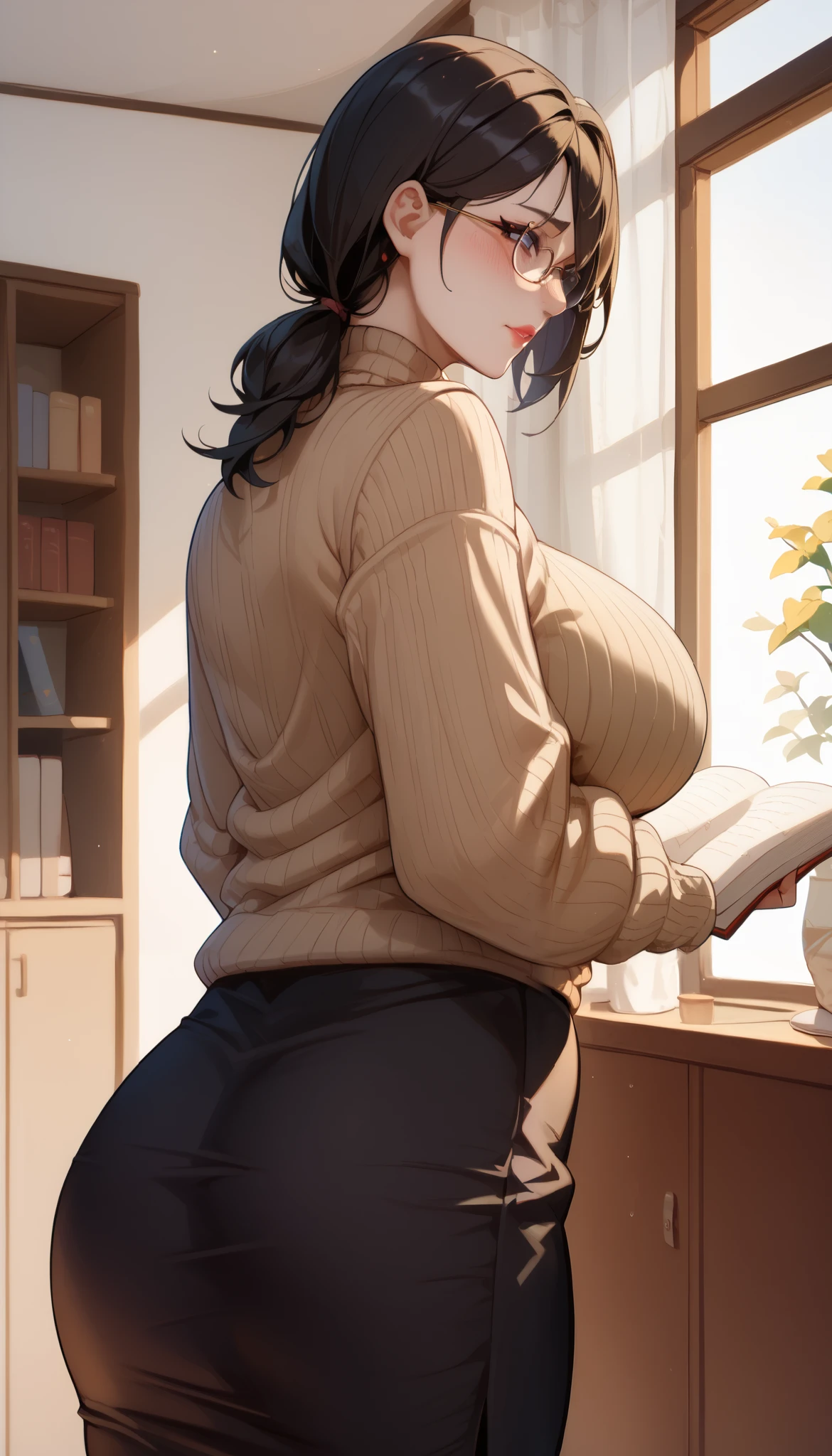 ((Class room during a studying )、backView、Black Hair、mol under eye ,Glasses、Age 35、Black knit sweater、 sleeveless、 Big Breasts 、 flip through the skirt、、 Shy 、milf teacher