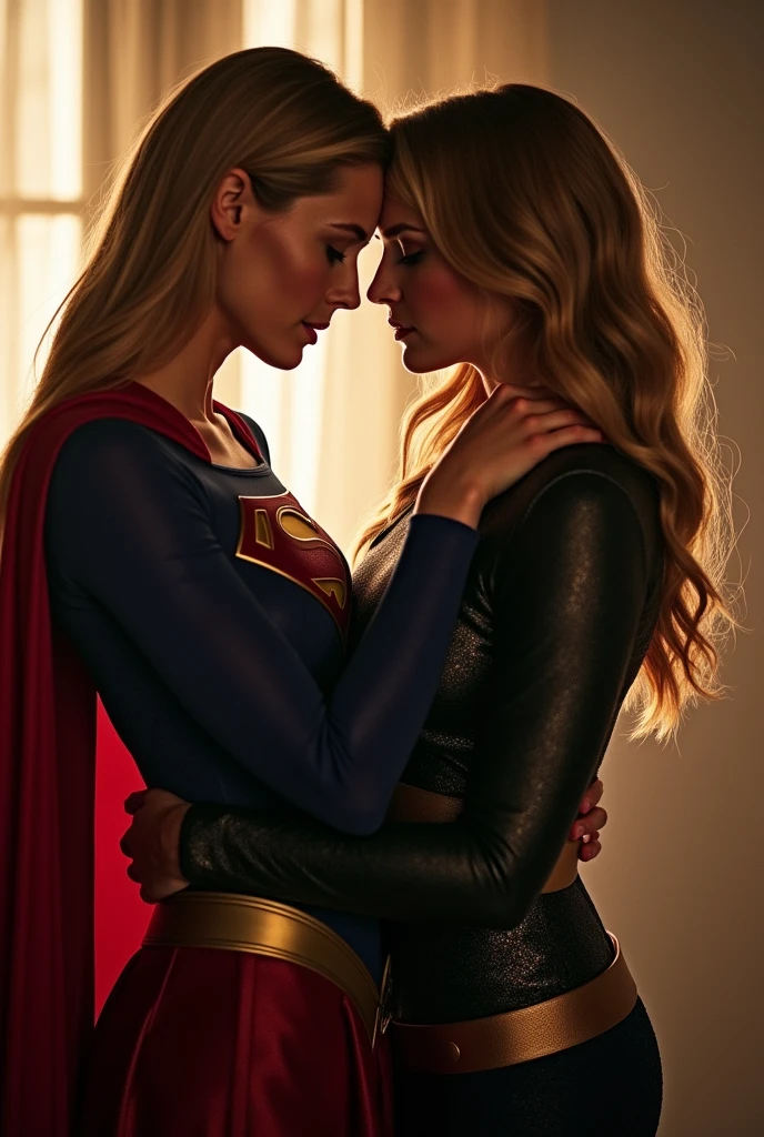 MELIISSA BENOIST AS SUPERGIRL IN HER SUPERGIRL COSTUME AND CAPE LEANING OVER HER BED GETTING SPANKED ON HER ASS BY LENA LUTHER.