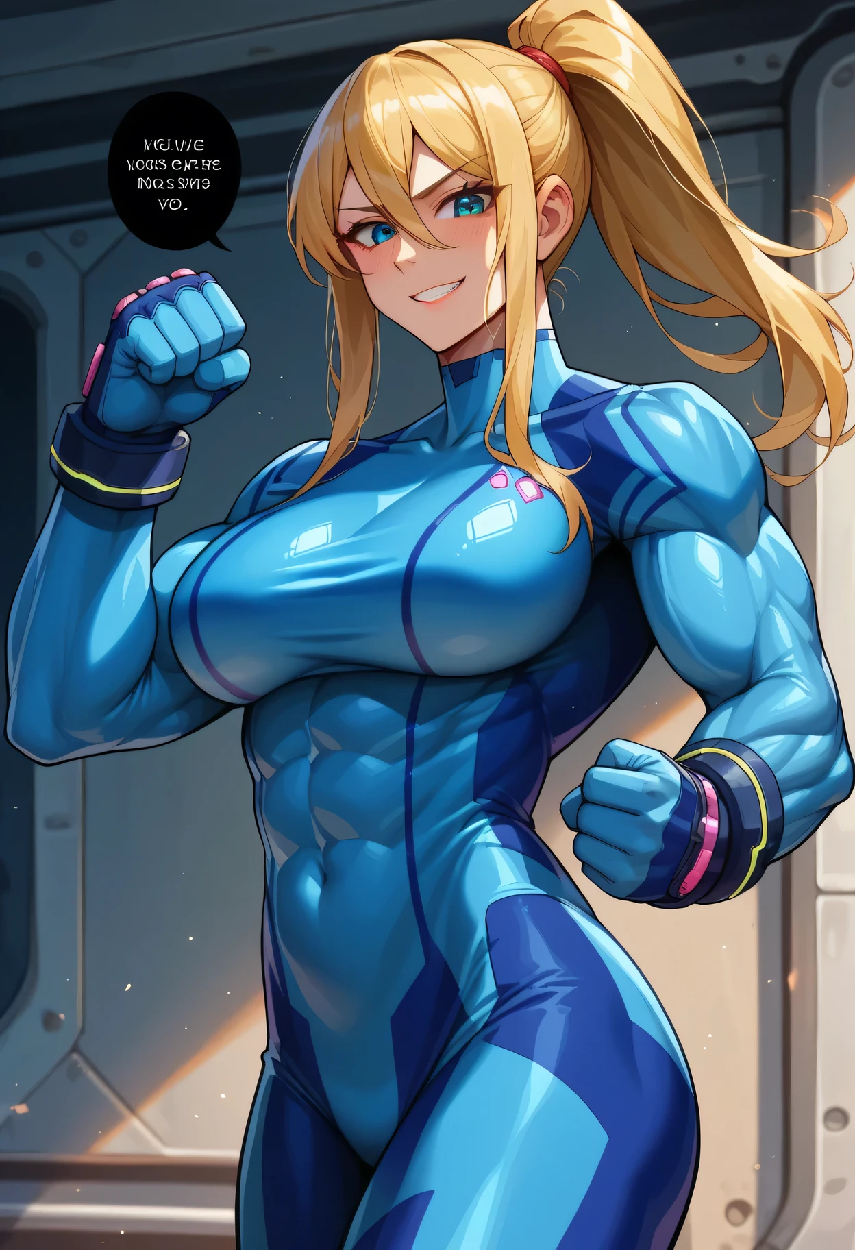 score 9 、score 8 up、score 7 up、1girl、Alone、We def、Blonde、ponytail hair、Strong muscles、 Bodysuit 、blue clothes、Big Breasts、Muscular and strong、 very large breasts、blue pantyhose、blue gloves、Zero Suit、 confident expression 、confident smile、One fist、 standing、 looking at you 、Spaceship、Speech bubble、 muscular woman 、