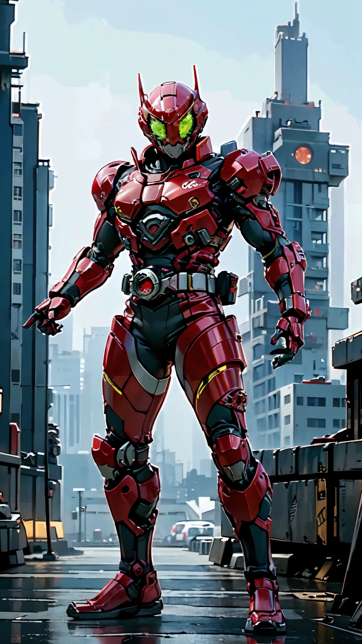 (masterpiece:1.5, best quality:1.5, extremely delicate:1.5), ((male:1.5)), a man wearing a full-face helmet, high-tech biomimetic armored combat suit, (a composite layered chest armor), the design balances heavy with agility, fully enclosed shoulder guards, matching arm and leg guards, a belt of gemstone, (the color scheme is primarily Red with Green and Yellow accents, Organic Biotech, Concept Inspired by Demon Skeleton, glowing eyes, armor glows), stand of a futuristic sci-fi city, this character embodies a finely crafted fantasy-style armored hero in anime style, exquisite and mature art style, metallic, high definition, highres, ultra-detailed, ultra-fine painting, professional, perfect body proportions, golden ratio, anatomically correct, symmetrical face, extremely detailed eyes and face, high quality eyes, creativity, RAW photo, UHD, 32k, Natural light, cinematic lighting, (masterpiece-anatomy-perfect:1.2)