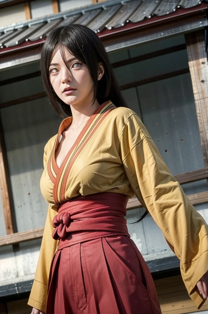 hyuuga hanabi 1girl, solo, big breast, large breast, orange kimono, red hakama skirt, obi, wide sleeves, looking at viewer, closed mouth, wind, low tied long hair, byakugan eyes, yellow belt robe