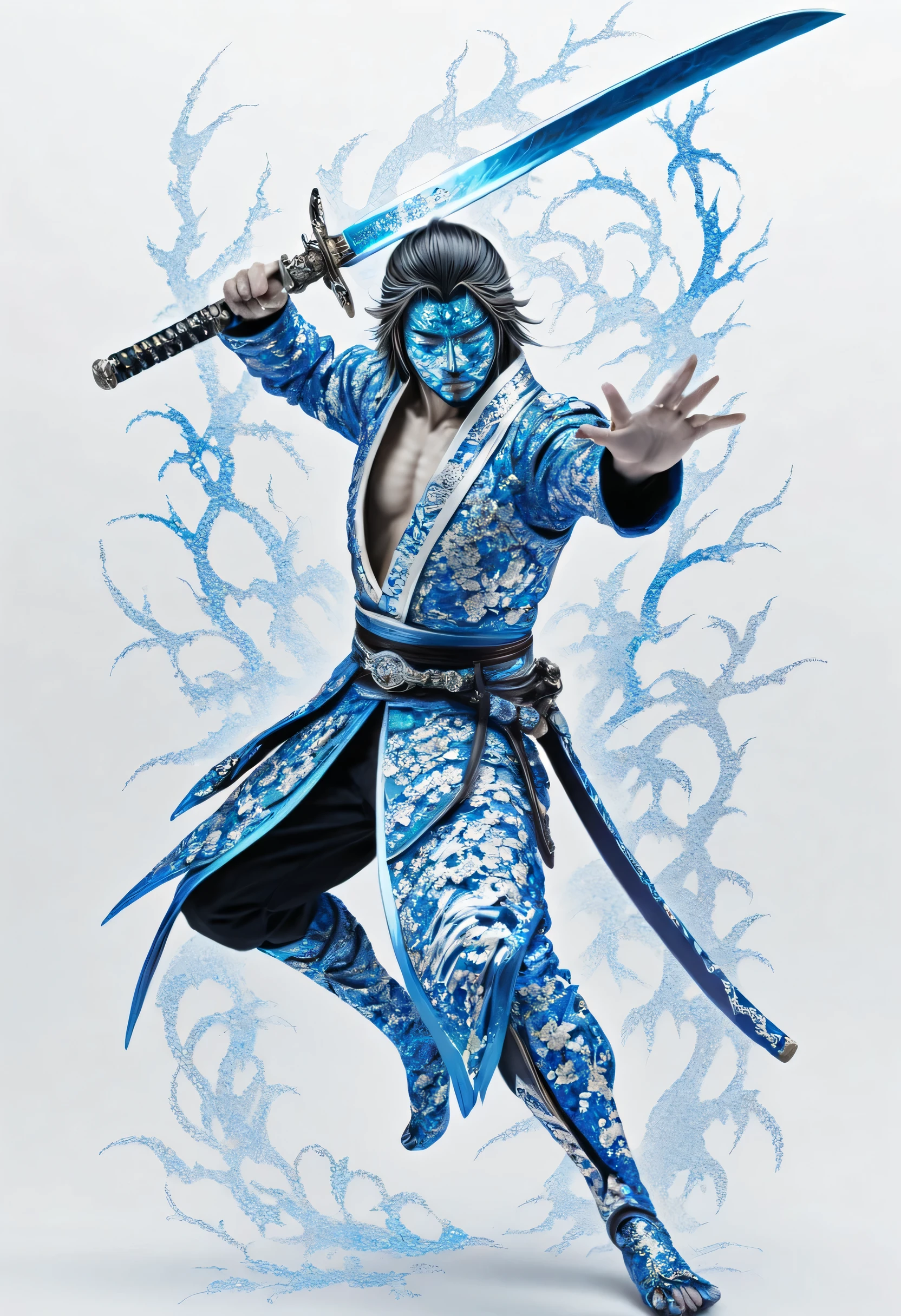  Nova Chroma Style Glitter,Split Composition , The swordsman who dances Sword Dance、sword dance 、Fearless Samurai 、 Japanese Knife 、 pose with movement、Realistic、 illustrator、 Blue and Silver Style、 white background 、 anatomically accurate 、Accurate depiction of Japanese Knife 、