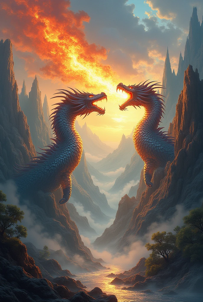 Make me an ultra realistic image. Make a beautiful and grand valley, there is a waterfall in the center. Make two dragon statues in this valley, They're staring at each other. sunset.