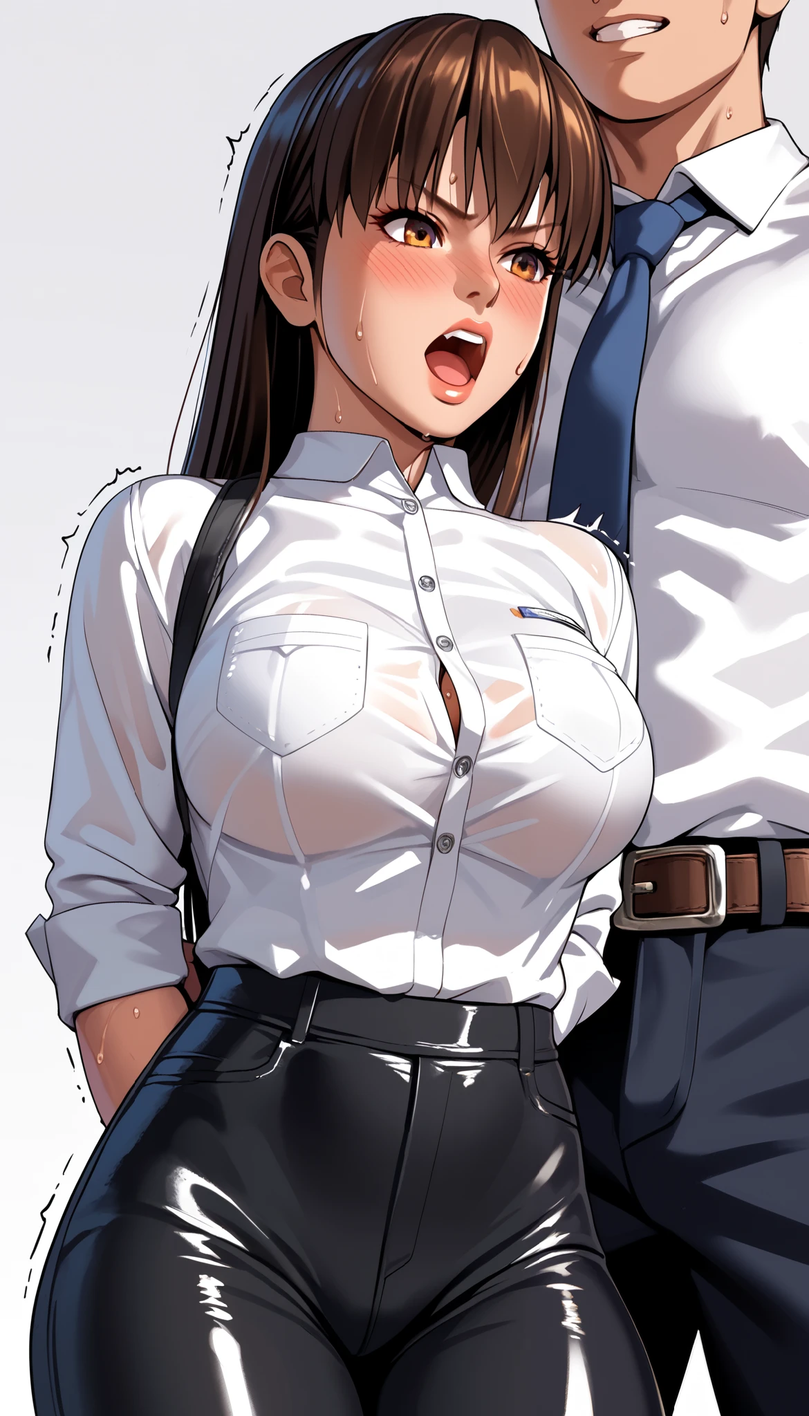 LeiFangDOA, gasp, 1 girl and 1 male, a male holding girl’s thighs , glossy black pants, a glossy white business shirt, arms behind back, {{arching the body backward}}, office lady, be breathless, sweat, sparkling sweat, trembling, long brown straight hair, breasts, [[angry]], blush, {anguish}, {{shameful}}