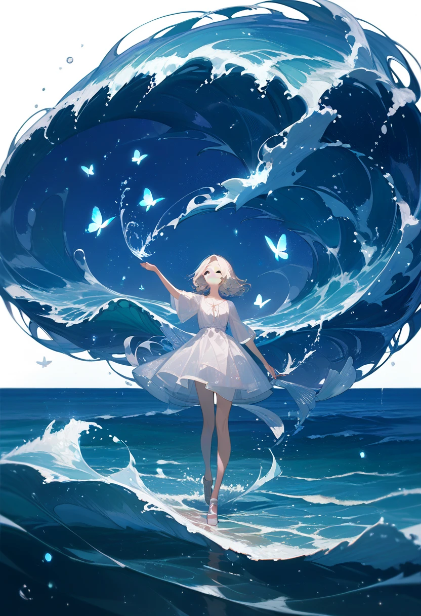 masterpiece,best quality, (white background:1.5) 1girl, mid shot, full body, ocean, sea waves, water splashes, sky, light particles, butterflies, night, starry sky, standing, standing on water, clear face,