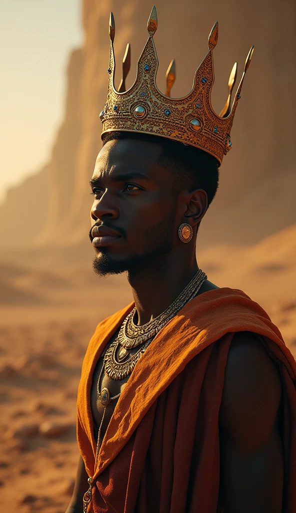 Show Atum contemplating the universe in Egyptian mythology. Atum is depicted as a male figure in his 40s, with golden-brown skin and piercing dark amber eyes. His hair is short, curly, and black, with a hint of gray. His face is wise, reflecting deep thought and the responsibility of creation. Atum wears the double crown of Upper and Lower Egypt, and his skin glows with a golden hue. The background features the vast cosmos with stars and galaxies forming, as Atum looks over his creation. Use masterpiece, best quality, CG, wallpaper, HDR, high quality, ultra detailed face, cinematic, high detail, 8k, raw, high, artstation HQ, unreal engine, octane renderer, 4k resolution, hyperrealistic, highly detailed, and absurdres settings