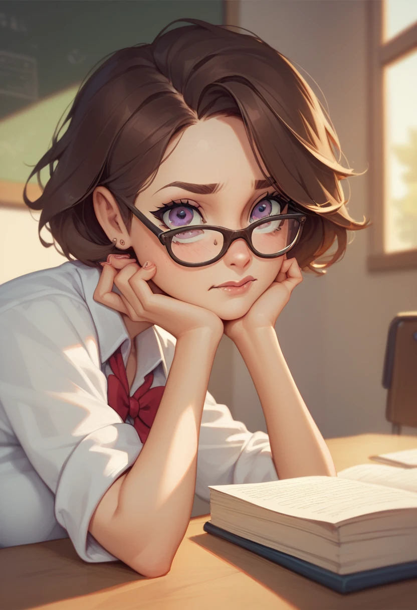 Innocent girl nerd ,  short brown hair, glasses, student, nervous, 