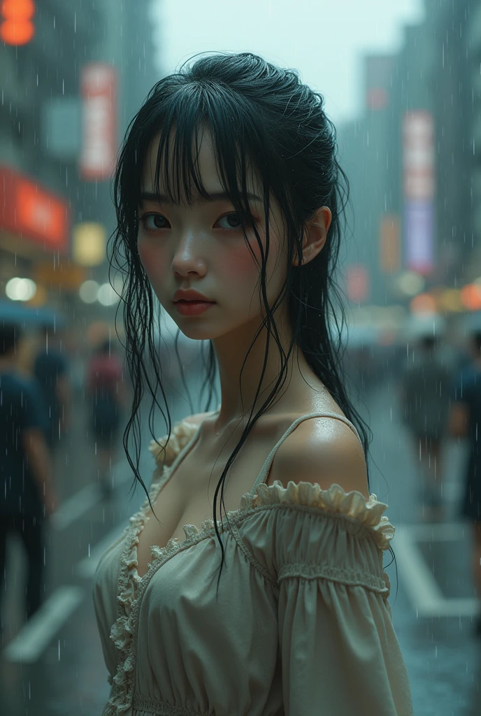 The highest image quality、tmasterpiece、超A high resolution、(Fidelity:1.4)、A picture、1 star Deng Ziqi、film like、bare shoulders​、Real rain、wetting hair,..Deng Ziqi