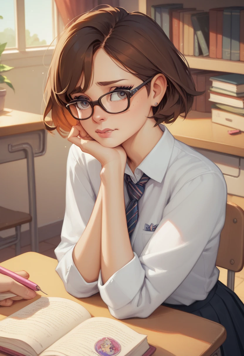 Innocent girl nerd ,  short brown hair, glasses, student, nervous, 