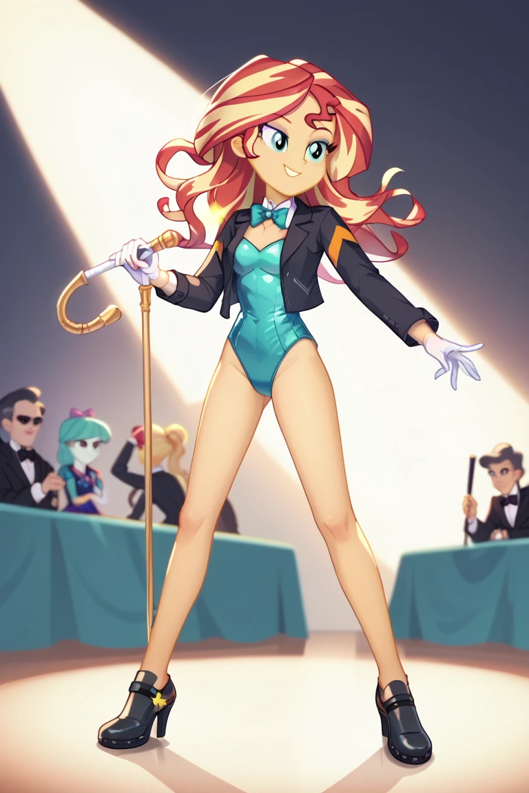 Sunset shimmer from equestria girls tap dancing wearing a black tuxedo jacket, leotard bottoms, vest, bow tie, white gloves, and black tap shoes, holding a cane, bright lighting