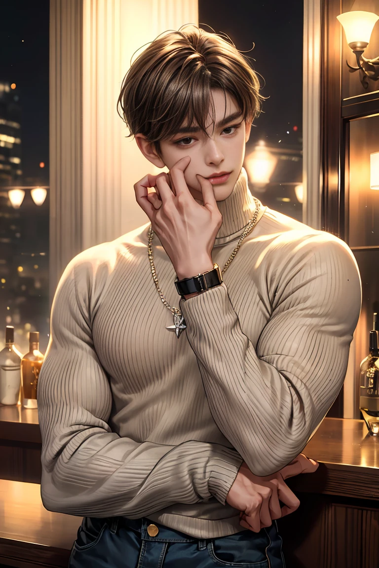 (absurdres, highres, ultra detailed, HDR), masterpiece, best quality, portrait of a boy, handsome boy with red eyes, detailed face,  in a restaurant, topless body, chef wearing hat, professional photo, arafed man shirtless torso, sitting comfortably while legs spread, (puffy(from below:1.1)), eyes on viewer,young boy 18 years old, handsome boy, [ adamantly defined body ]