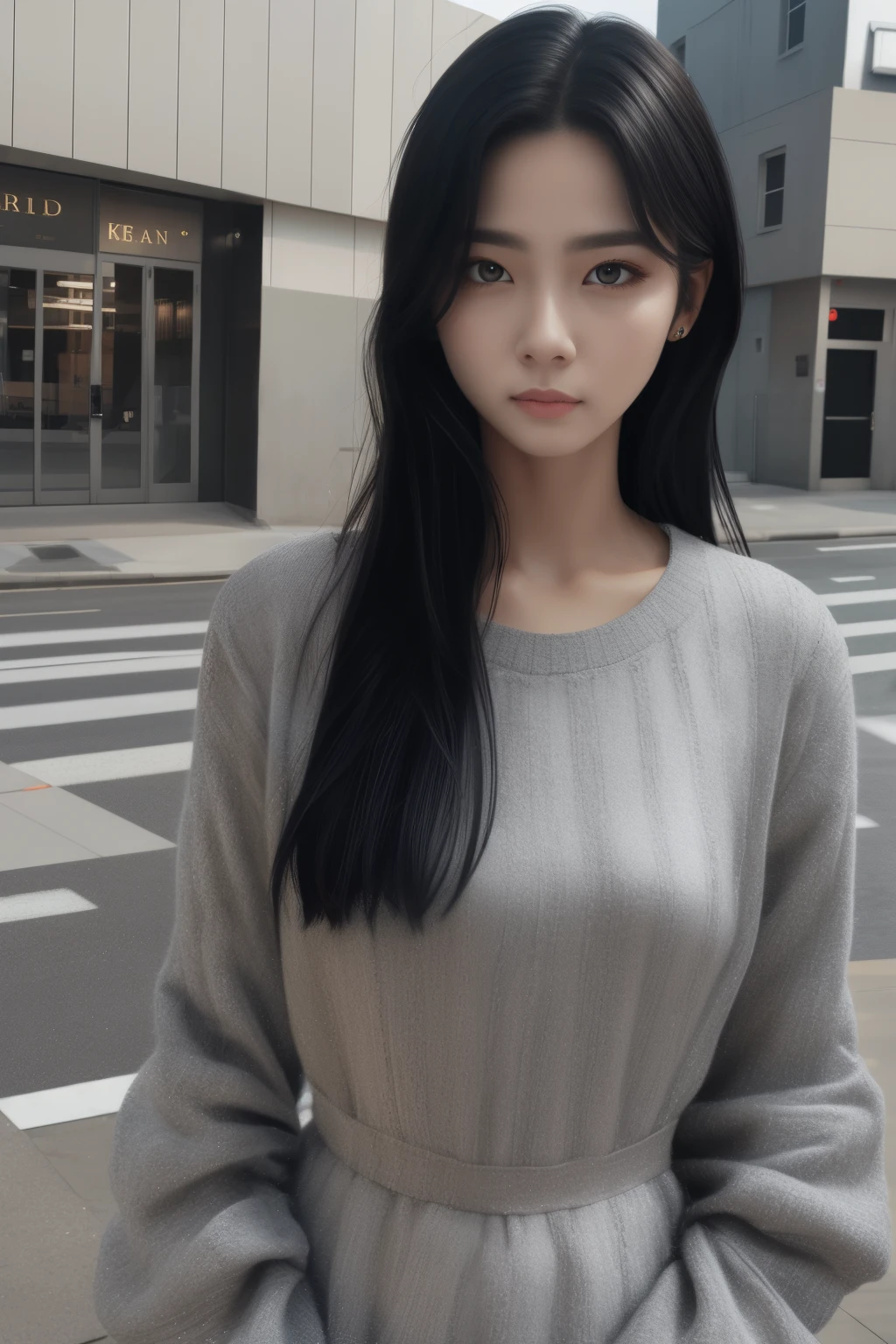 best quality, masterpiece, ultra high res, (photorealistic:1.4), karina a woman, light eye makeup, looking at the viewer, upper body photo, black longsleeves, at the streets