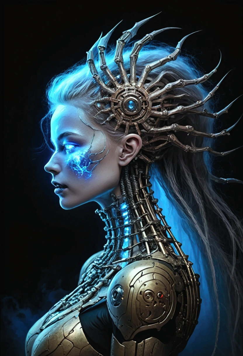 A place of horror in the quantum realm. Bio-mechanical, horror art. Intricate details, supremely perfect illustrations, digital painting artlong hair 