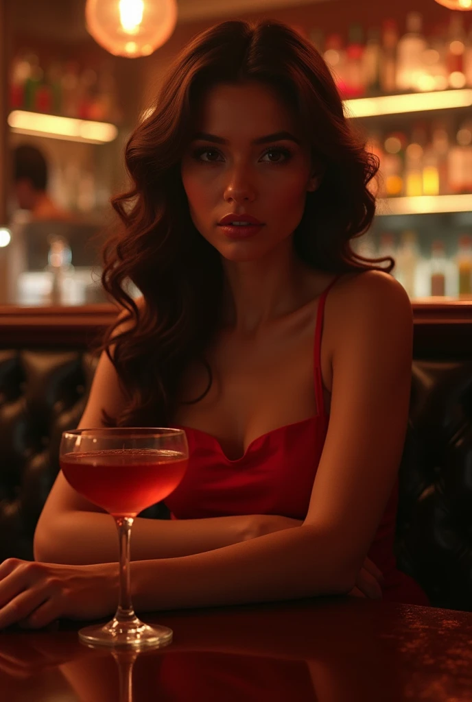 polaroid photo, night photo, smiling shyly, in party bar, photo of (: 1,5) cute babyface slim Slavic woman, pale skin, suggestive red dress, motion blur