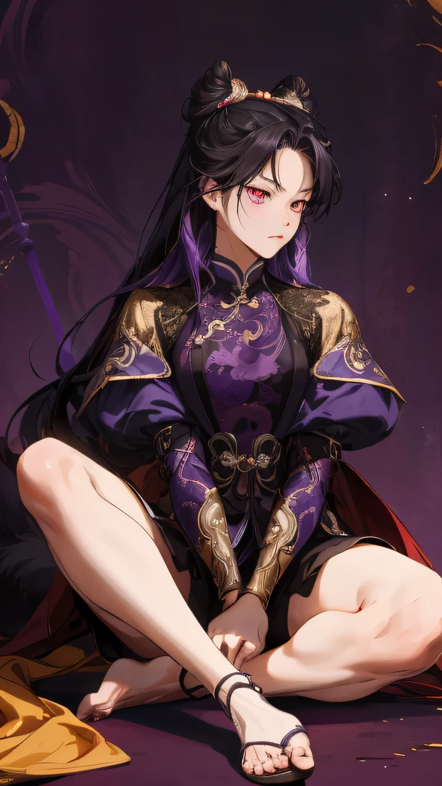  masterpieces  ,  best quality, 1 Xiao Wu  ,  Cool Face Color  ,  Strong, Golden left eye , Red right eye , Long hair, Black hair, Steadfast eyes ,  fox  , Front view , Simple basics, Purple background , Anime, illustration,  Full Body  , Bun ,  sitting on purple garden  ,  Full Details  ,  Gold Hair Accessories ,holding blood sword