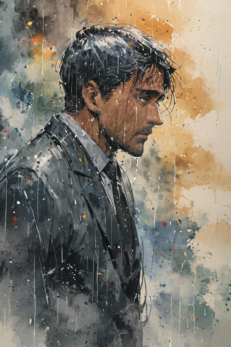 watercolor painting of a man in suit in the rain. full body shot of the man who is soaked under the rain. he tilts his head up to face the rain, the rainwater flows down his face. he is walking in the street, holding his hands out to feel the rain. watercolor brushes stroke painting style. the sky is dark.