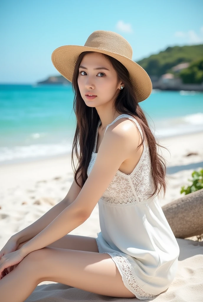 (Summer beach、Sitting by the beach、Sit with your legs apart、Spread your legs:1.2、Resort、Blue sky、Beautiful sea)、(White dress:1.4、Mini dress:1.3、Wearing a straw hat、Sandals、Detailed lace panties:1.3)、(Realistic、Like a photograph、Live Action、8K, Photorealistic, RAW Photos, Best image quality: 1.4), Single-lens reflex camera、RAW Photos, Highest quality, Realistic, Highly detailed CG Unity 8K wallpaper, Written boundary depth, Cinematic Light, Lens flare, Ray Tracing, Realistic background、((Ultra-dense skin))、 One ******* girl traveling to Okinawa,Cute Japanese Woman、((whole body:1.5)，Look away:1.1、Straight long hair:1.2、I like that style、Stylish、Very detailed、Pay attention to the details、The perfect outfit、(White skin)、Beautiful legs:1.1，View from below、Accurate hands、Accurate legs、Detailed hand and fingers、Anatomically correct body、Arms and legs don&#39;t mix