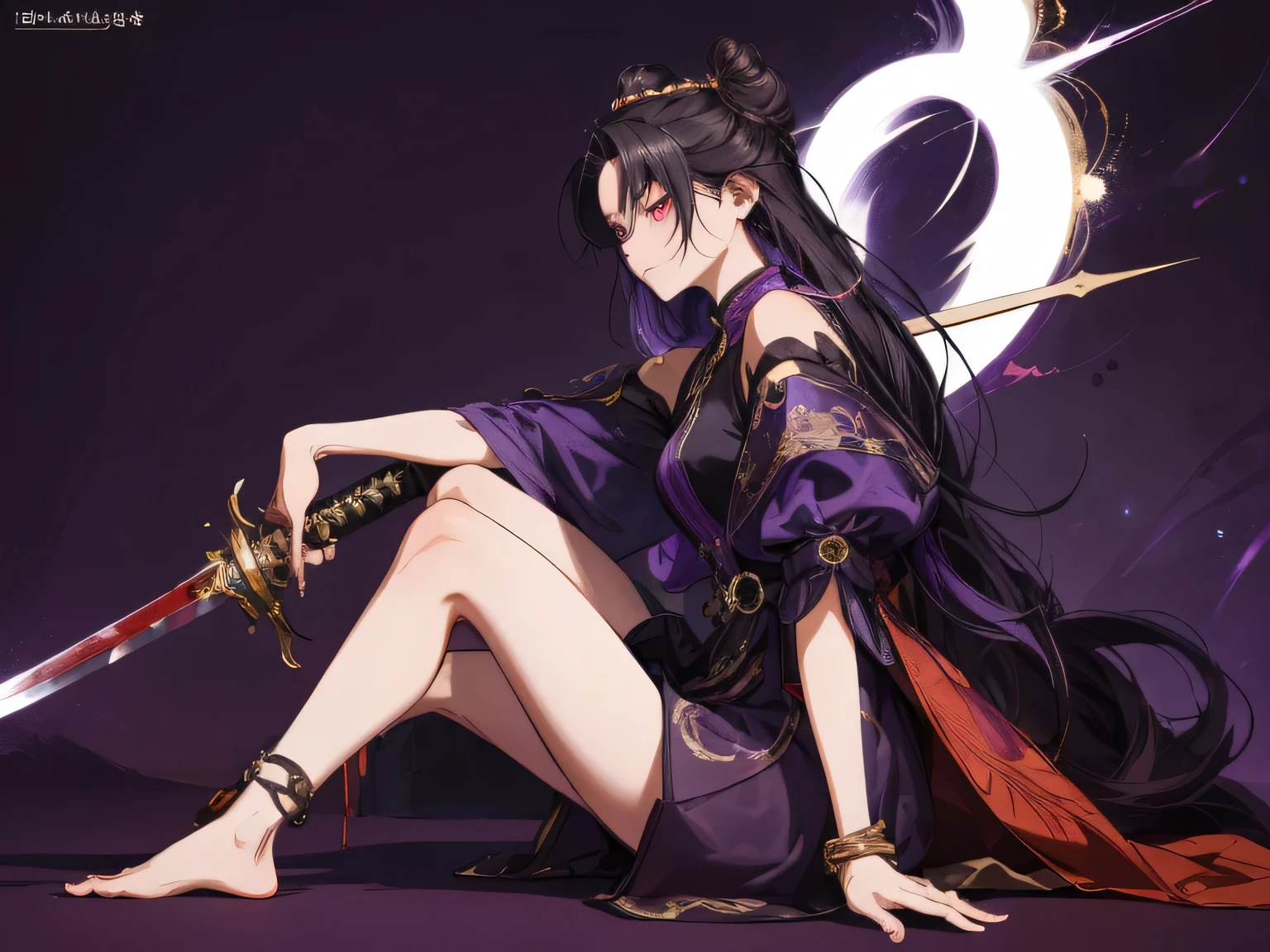  masterpieces  ,  best quality, 1 Xiao Wu  ,  Cool Face Color  ,  Strong, Golden left eye , Red right eye , Long hair, Black hair, Steadfast eyes ,  fox  , Front view , Simple basics, Purple background , Anime, illustration,  Full Body  , Bun ,  sitting on purple garden  ,  Full Details  ,  Gold Hair Accessories ,holding blood sword