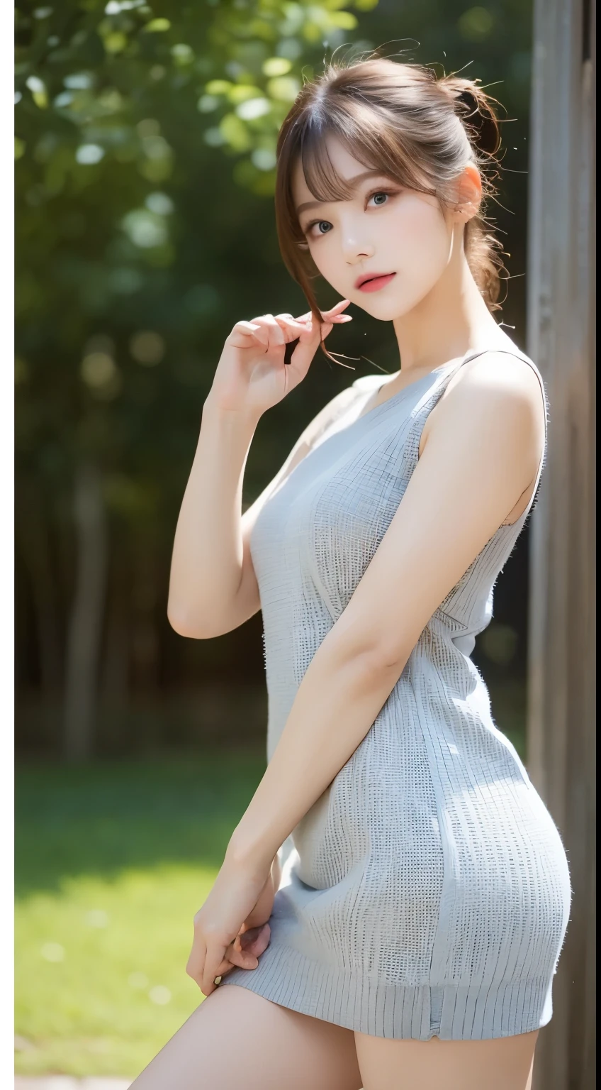 finely detail, hight resolution, hightquality、Perfect dynamic composition, Beautiful detailed eyes, Medium Hair, small 、Natural Color Lip,Kamimehibuya、20 years girl、1 persons、Transparent skin、Glowing hair、masutepiece, Best Quality, Illustration, Ultra-detailed, finely detail, hight resolution, 8K、The correct state of the human body、Randomly cute poses,Ponytail hair,beauty legs,Perfect beautiful face,KPOP Idol Face,Face that feels ecstasy,Pale light grey knitted dress,Background blur,Randomly dress up as a model for a women's fashion magazine