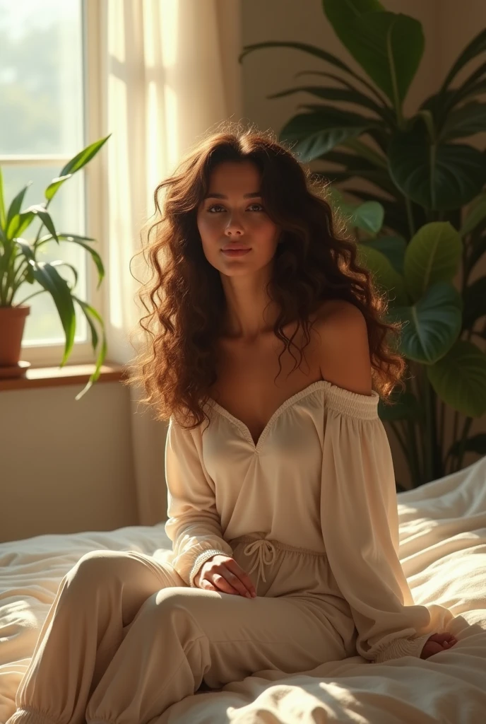 (photorealism:1.2), beautiful woman, sitting on bed, wearing loose off-shoulder top, pajama pants, long curly hair, indoors, soft lighting, plants in background, window with sunlight, cozy room, relaxed pose, realistic, intricate details, warm colors, by Greg Rutkowski, by Alphonse Mucha